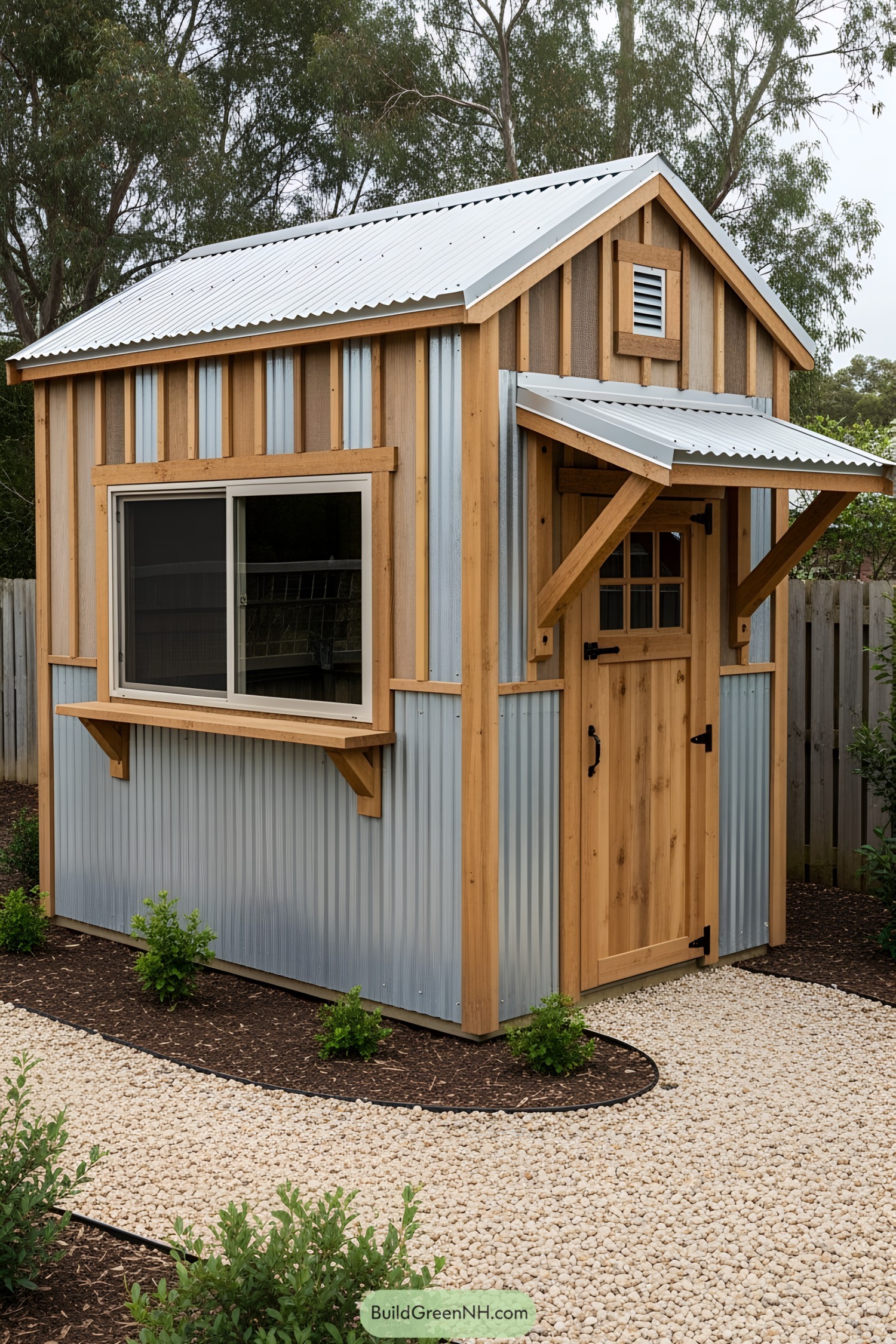 Stylish wooden shed with corrugated metal walls