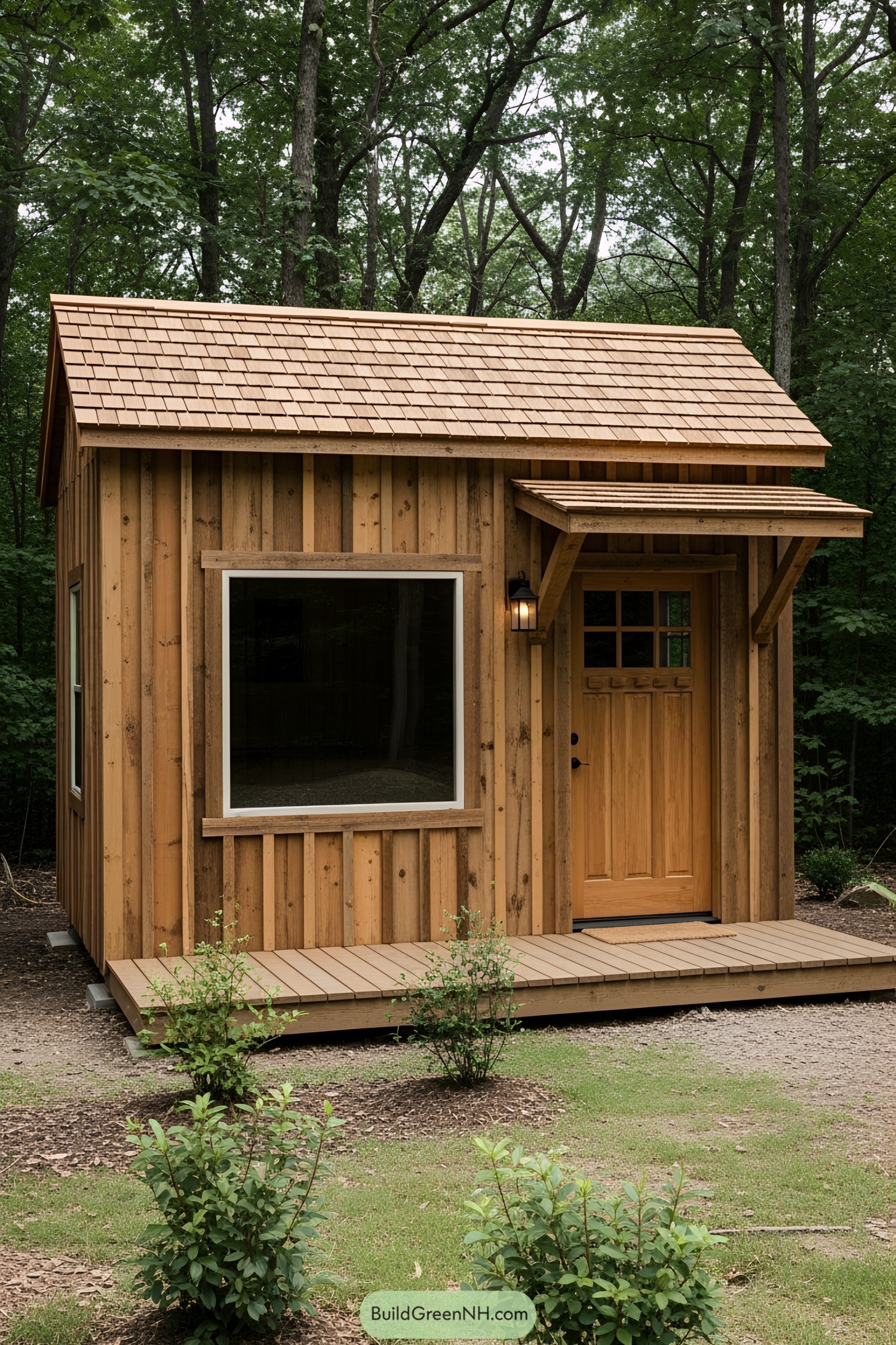 Small wooden house with a shingled roof in a forest setting