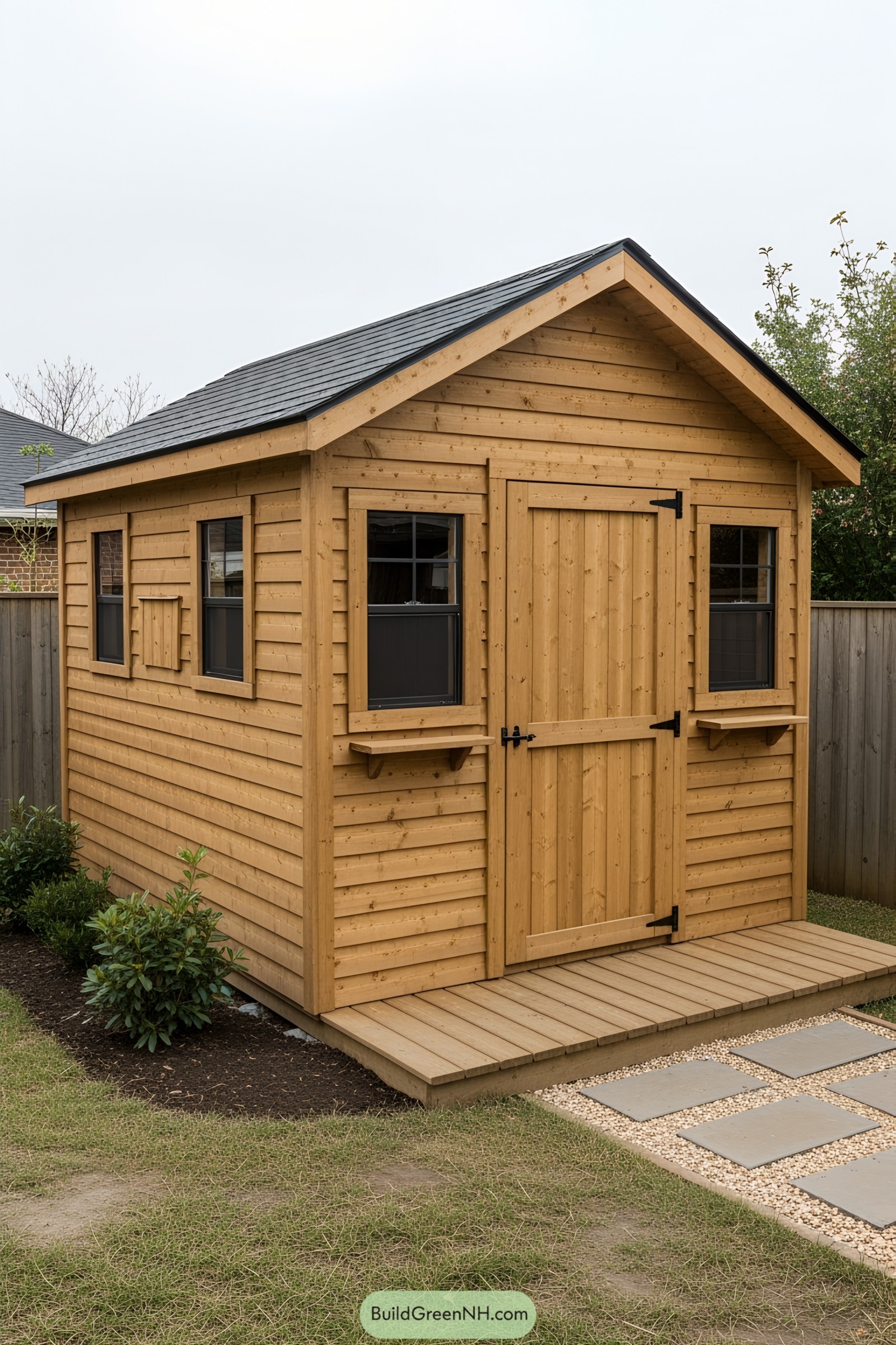 Compact wooden shed with dark windows