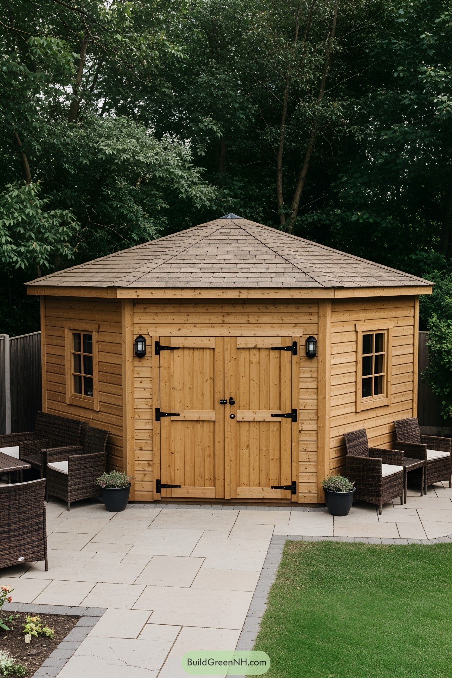 Wooden shed with patio seating in a lush garden