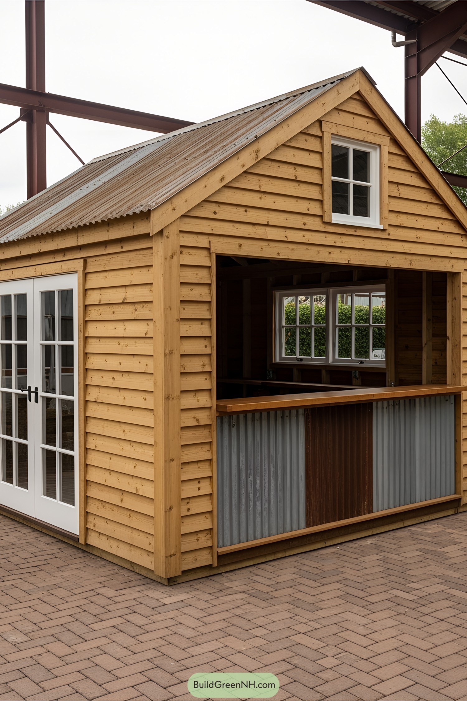 A compact wooden shed with a metal roof and open window