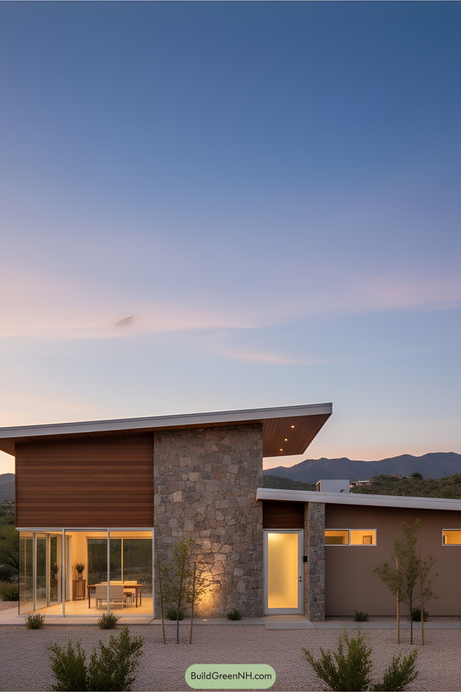 Modern house with glass walls and stone architecture at sunset
