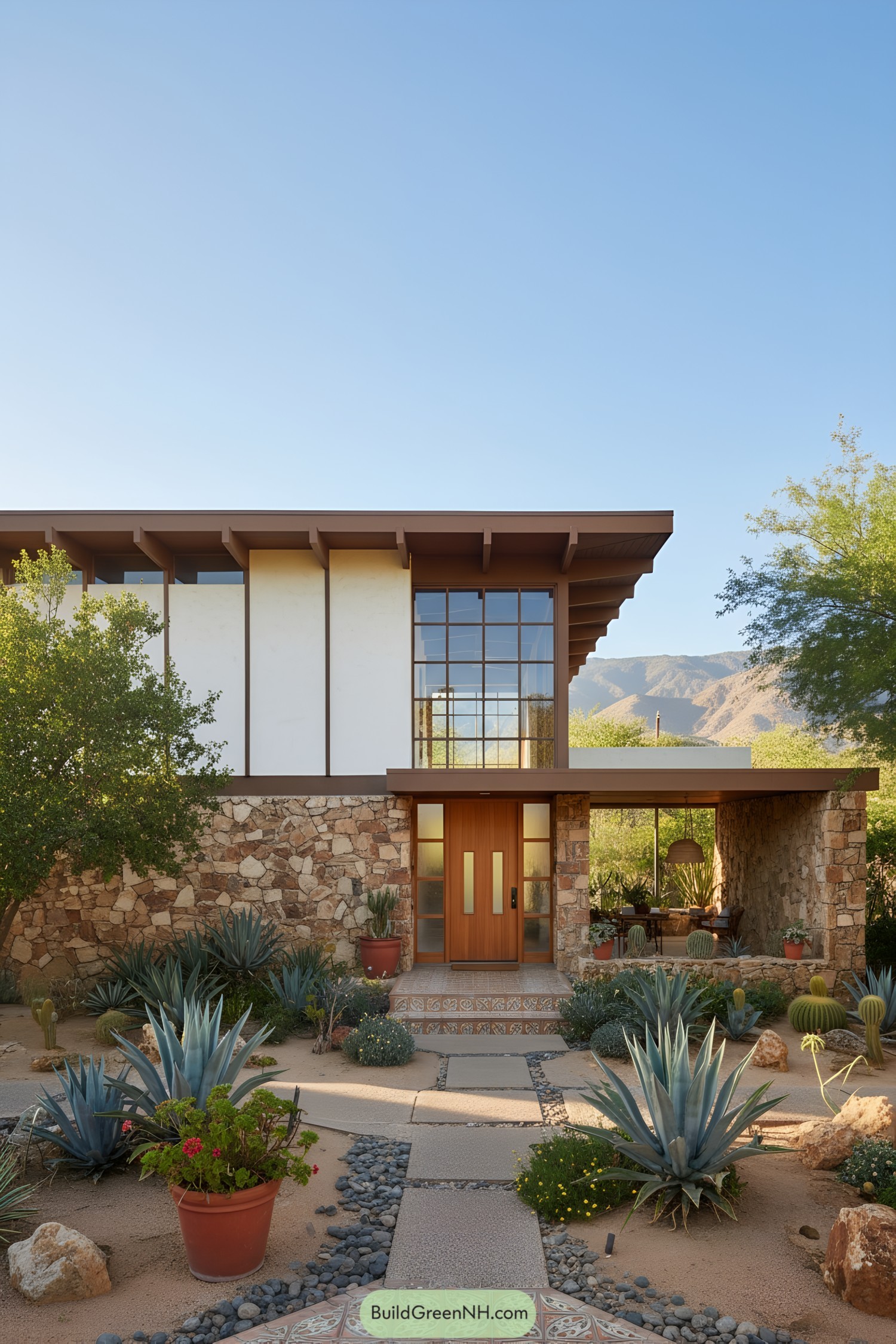 Mid-century modern house with stone facade and desert landscape
