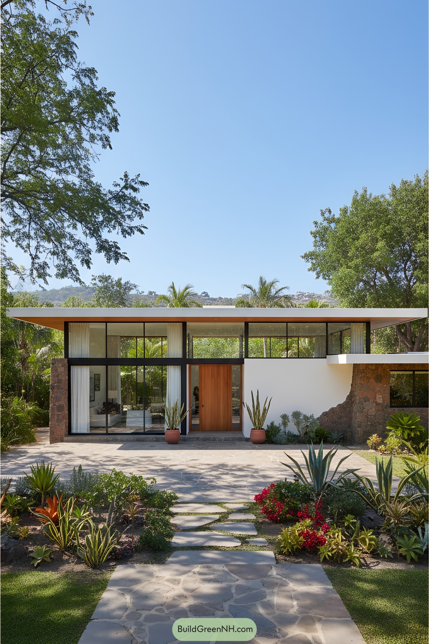 Mid-century modern house with large windows and lush greenery