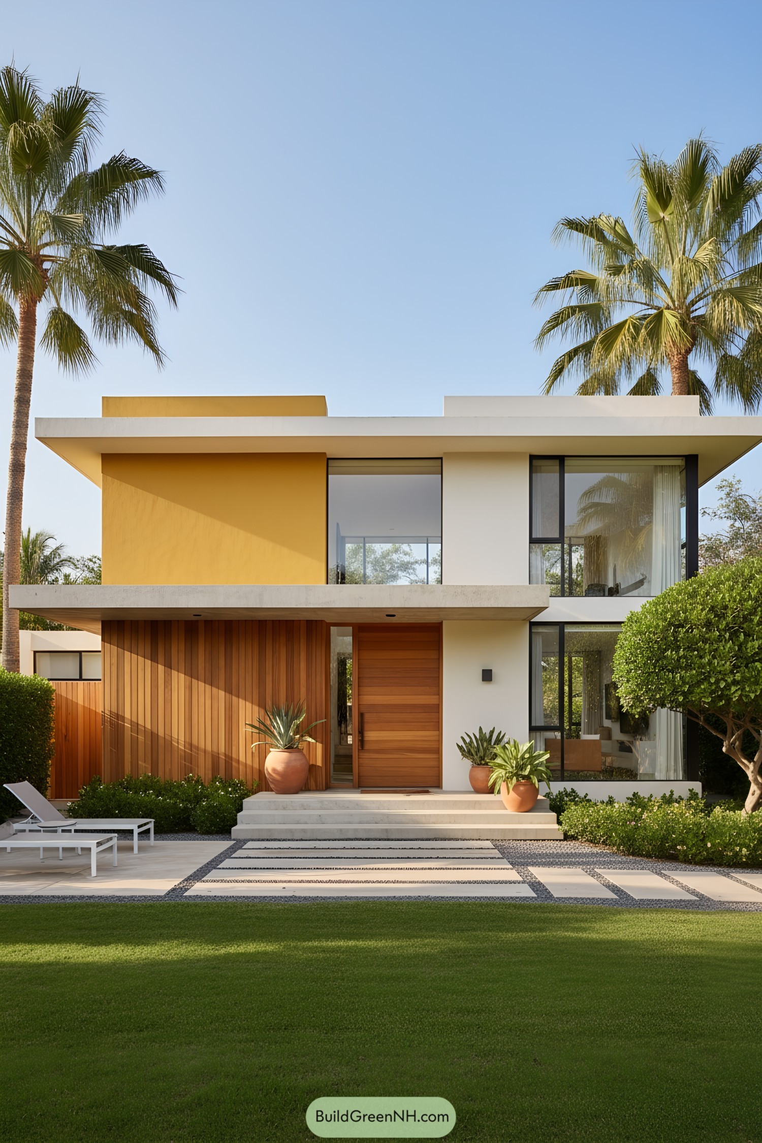 Modern house with yellow accents and palm trees