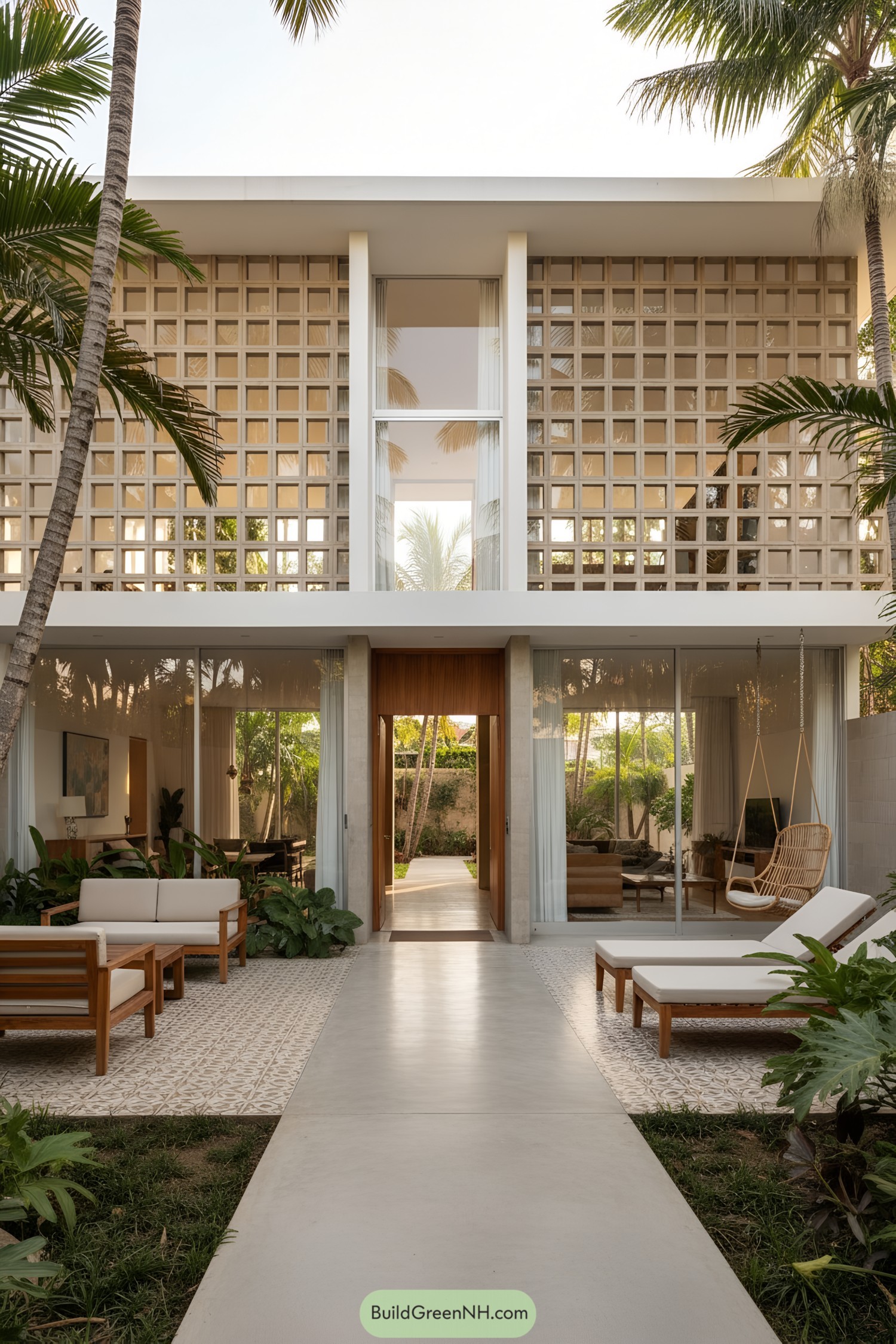 Modern house with grid pattern façade and palm trees
