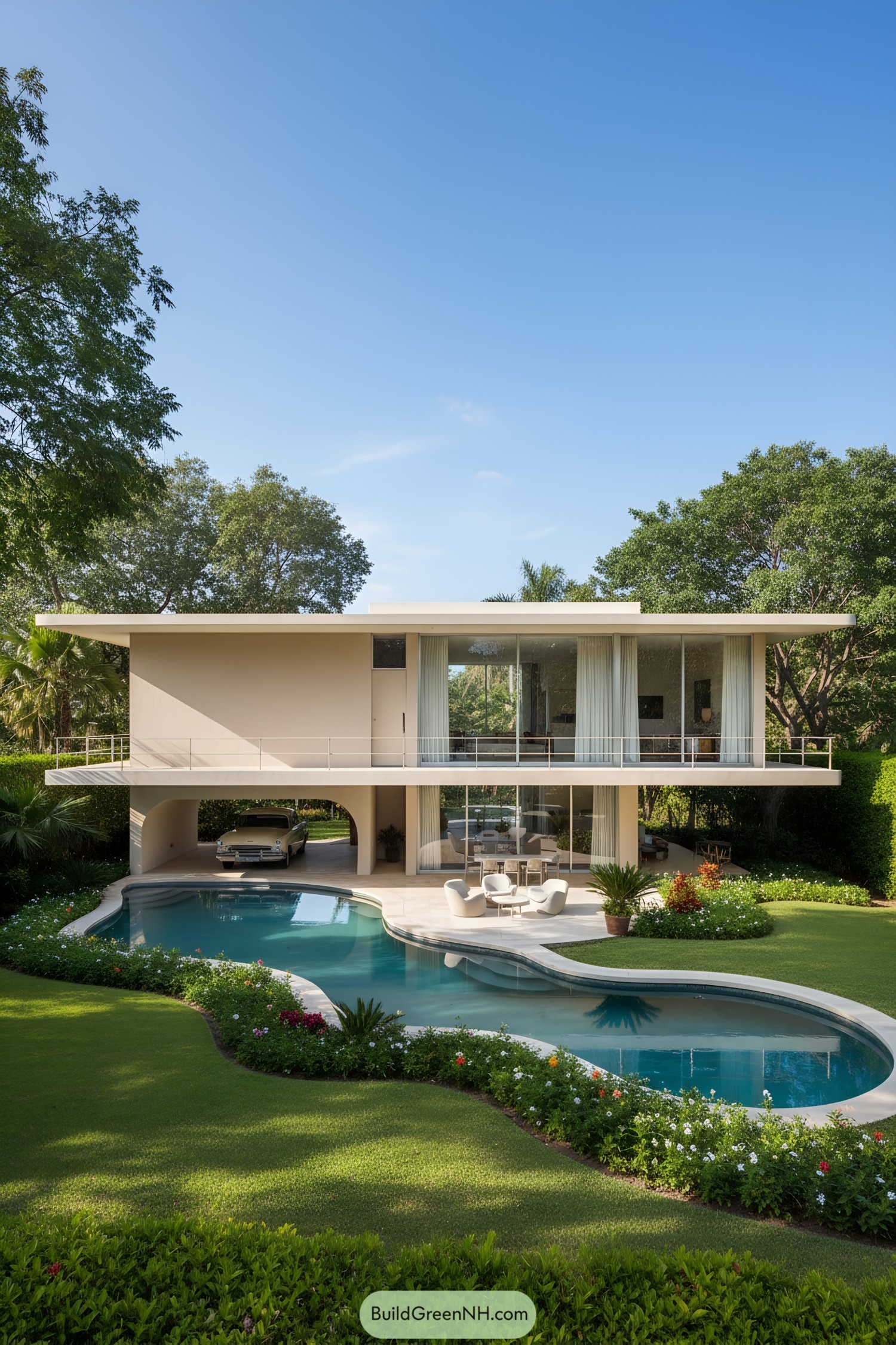 Modern house with a pool and vintage car
