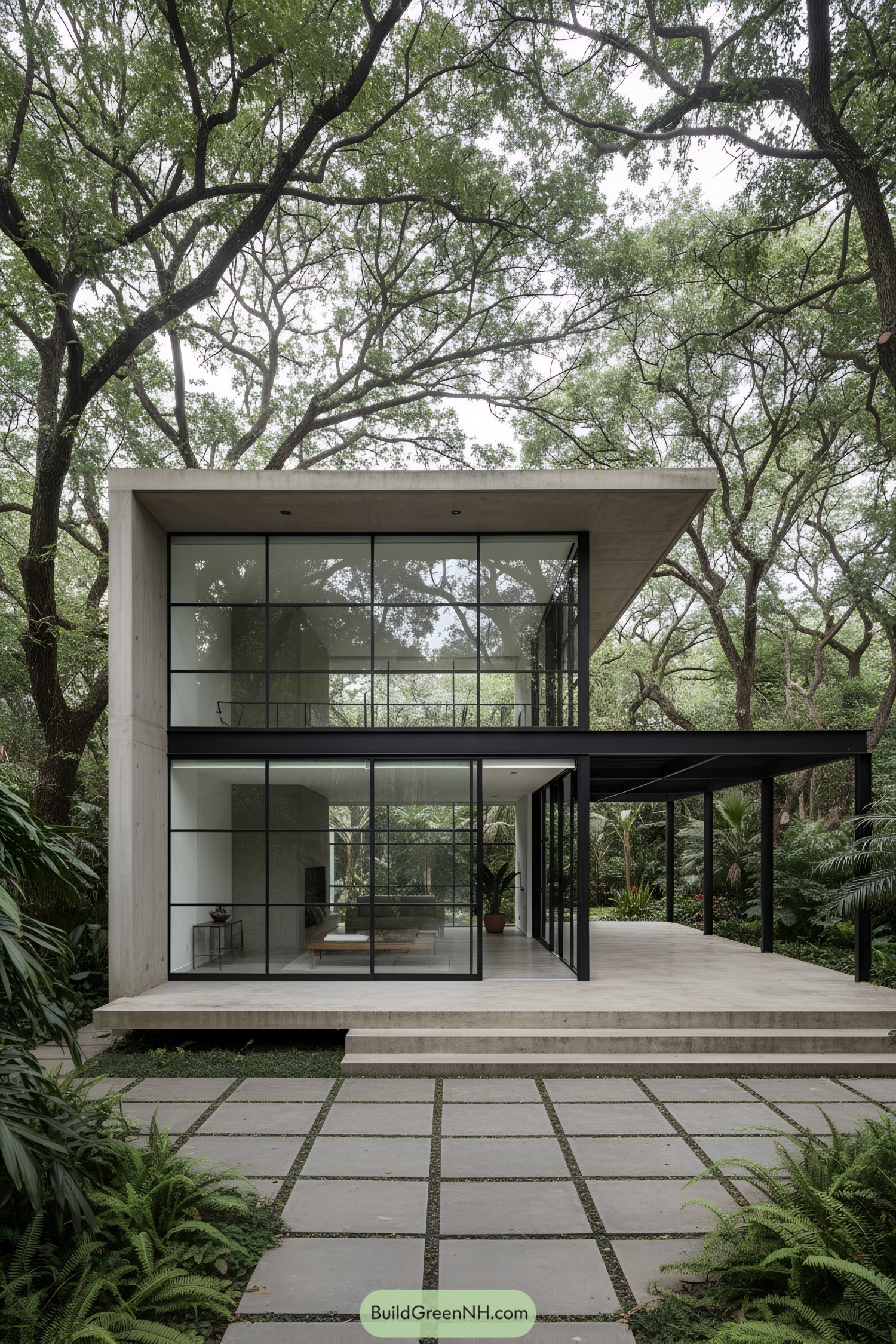 Modern glass house surrounded by lush greenery