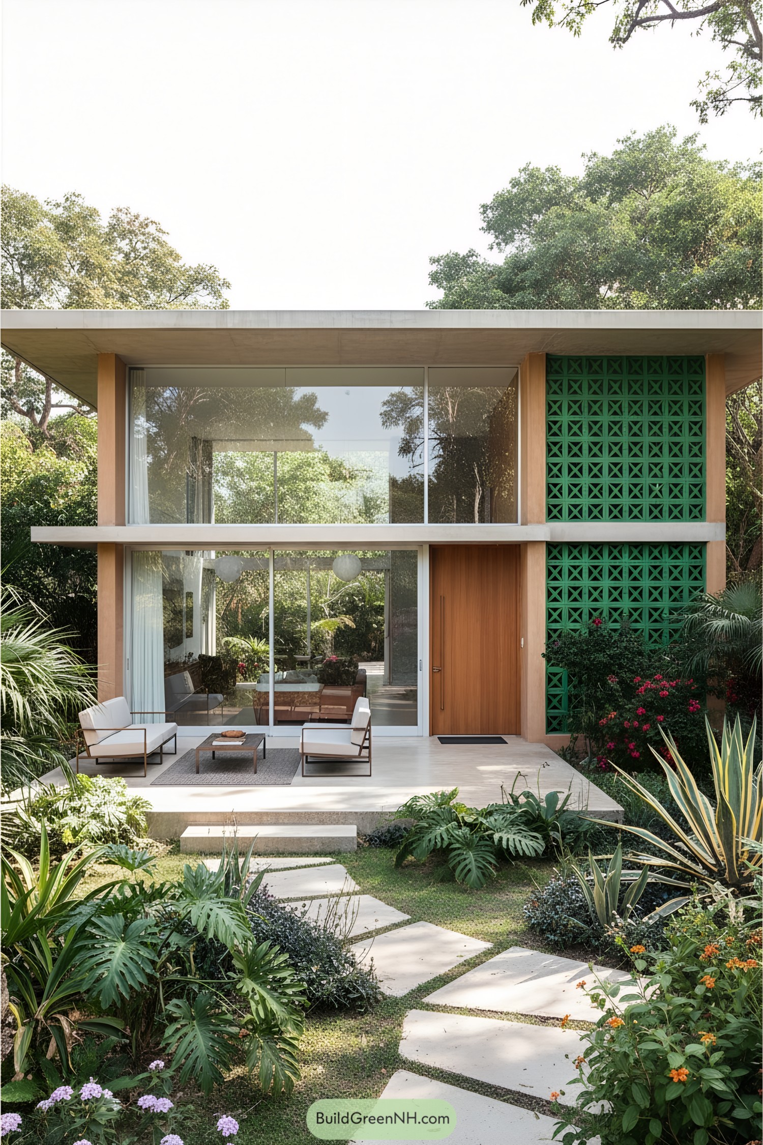 Modern house with glass facade and lush garden
