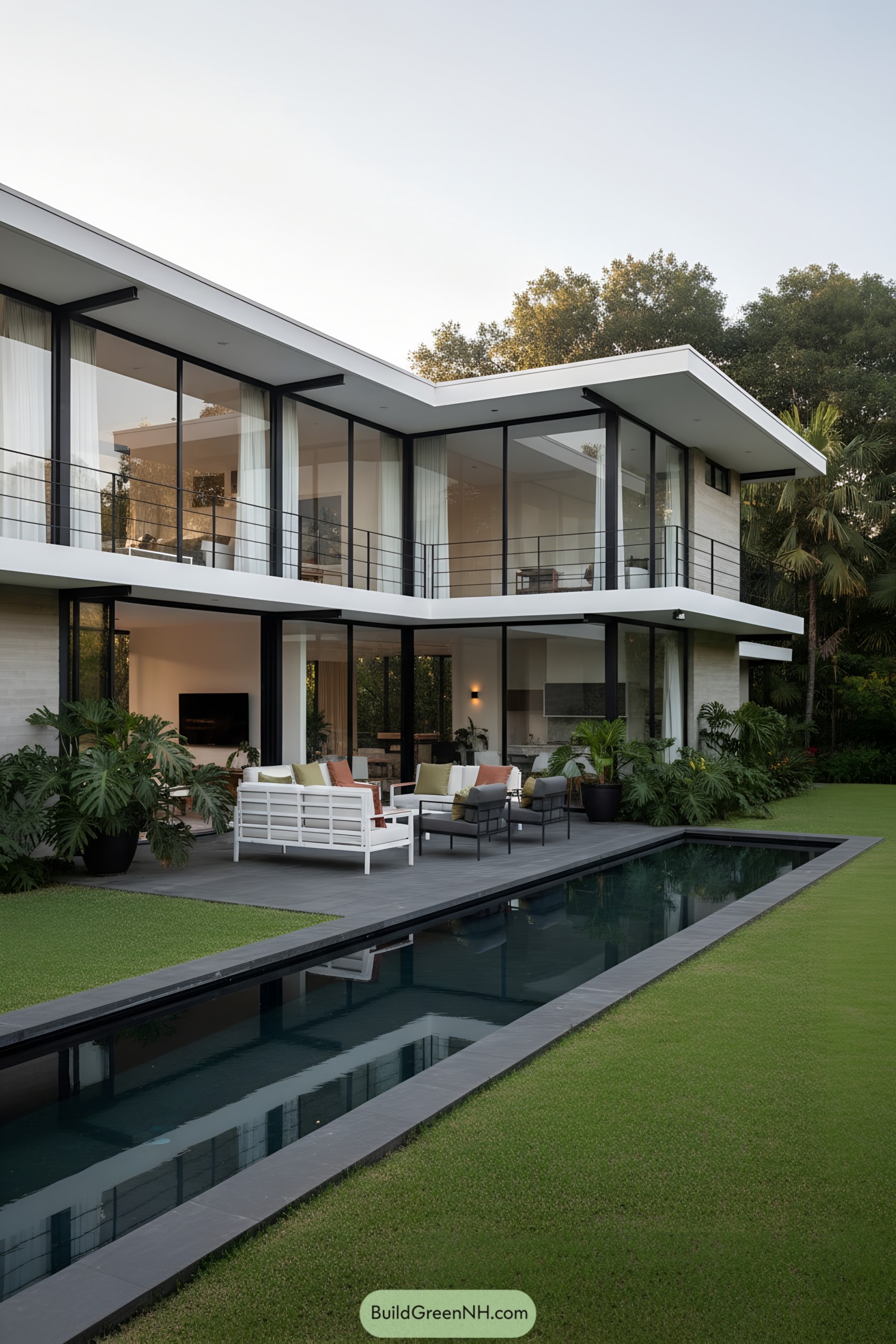 Modern Mexican house with large windows and sleek pool