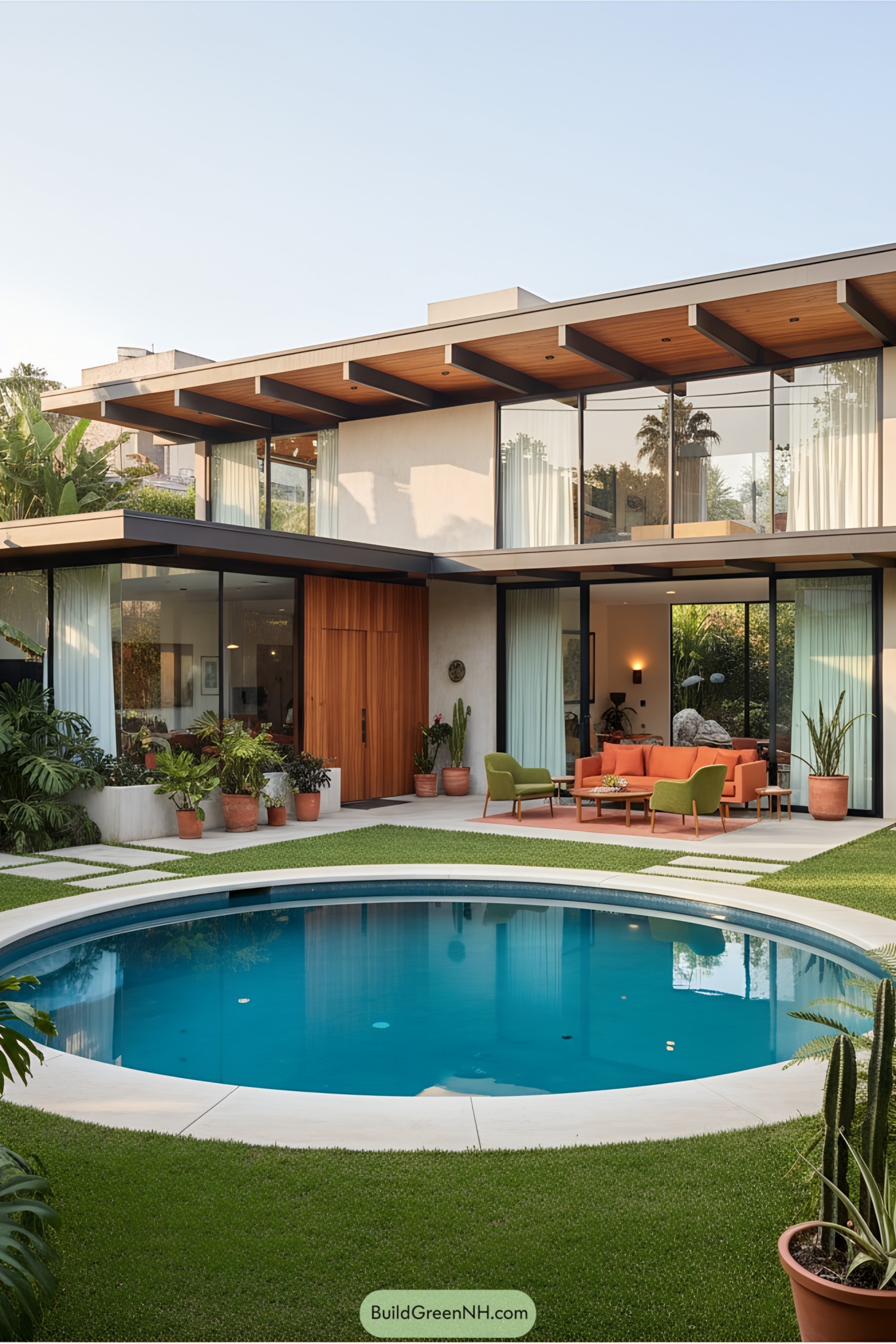 Modern glass-walled home with a circular pool and greenery