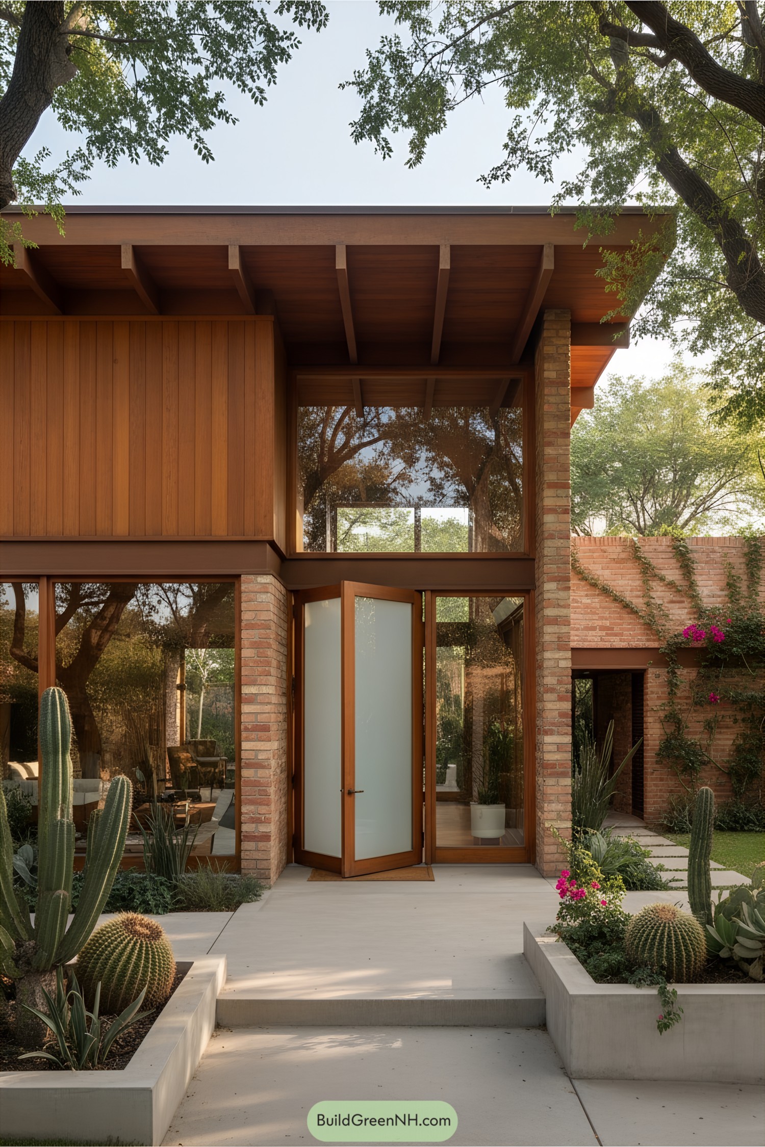 Modern house entrance with glass door, cacti, and brick facade