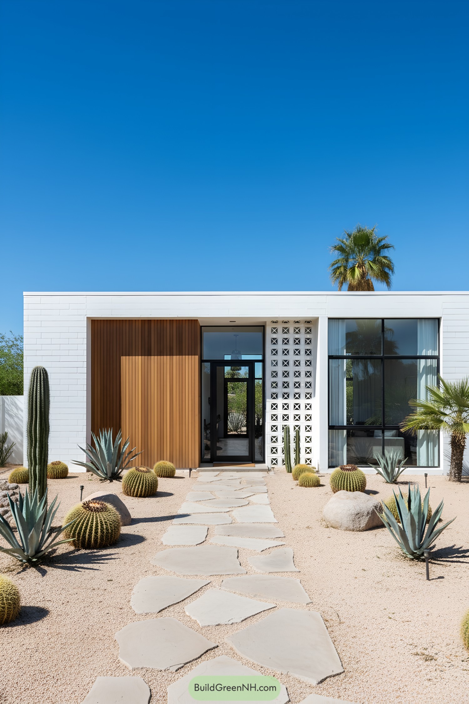 Mid-century modern house with geometric facade, cacti, and clear blue sky