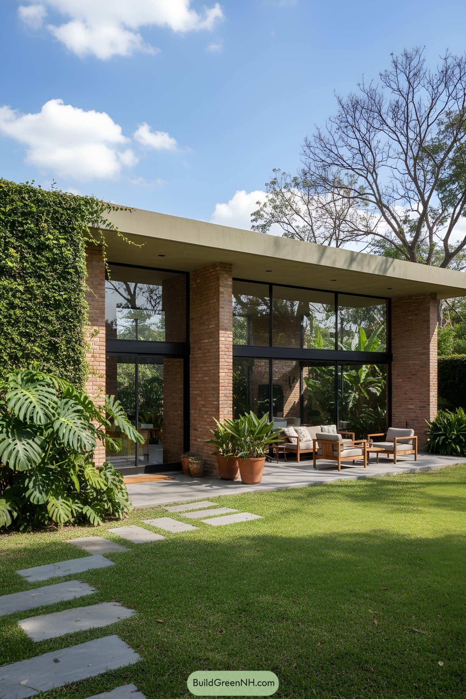 Brick house with large glass windows and lush garden