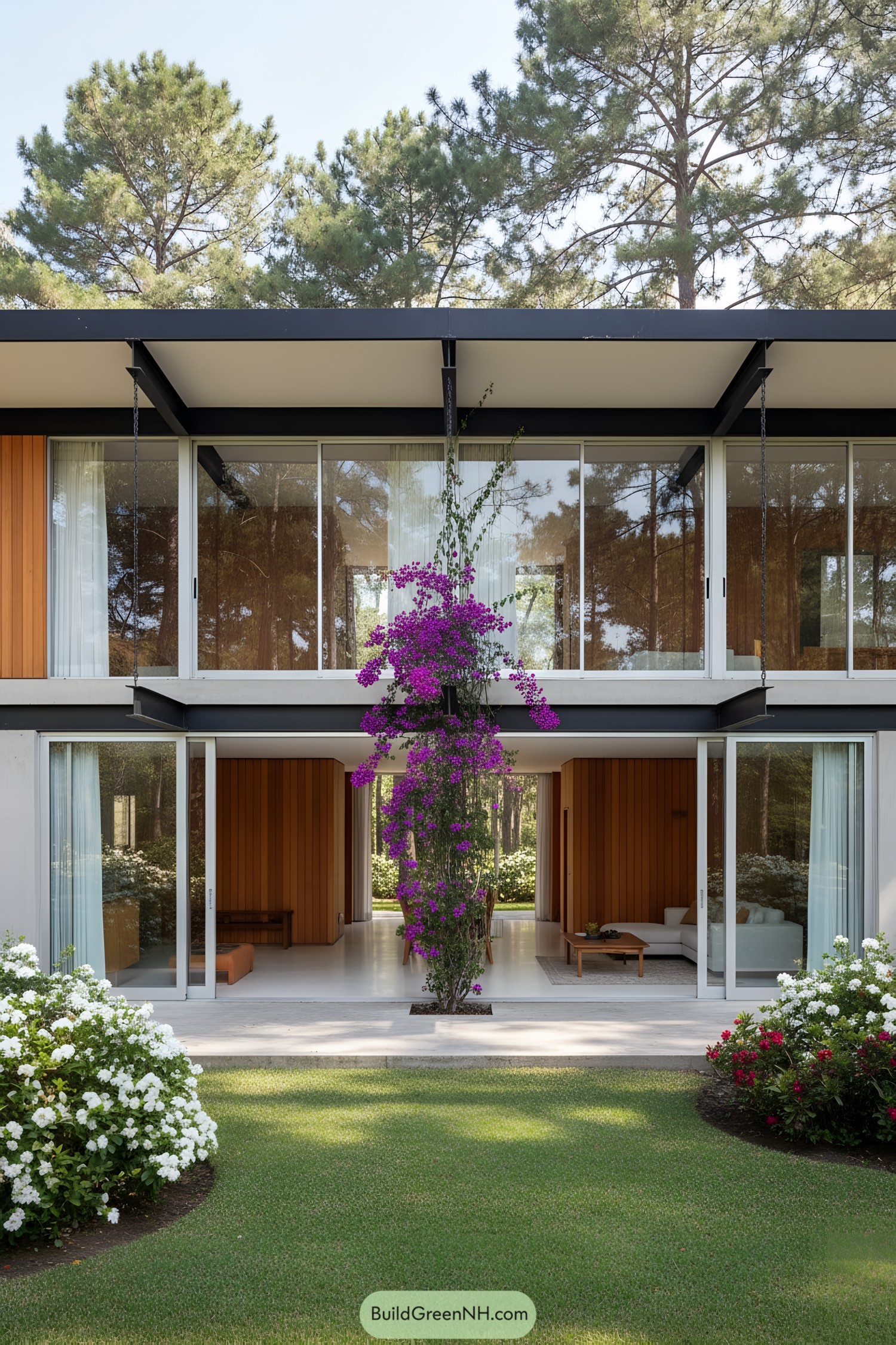 Two-Story House with Glass Walls and Flowers