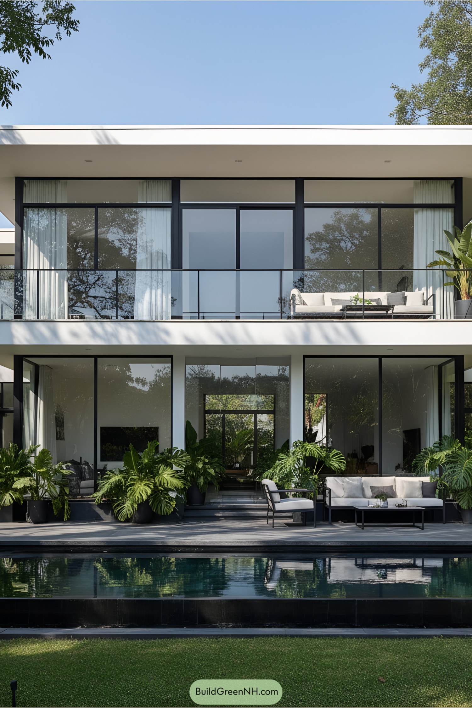 Modern house surrounded by lush greenery and reflective pool