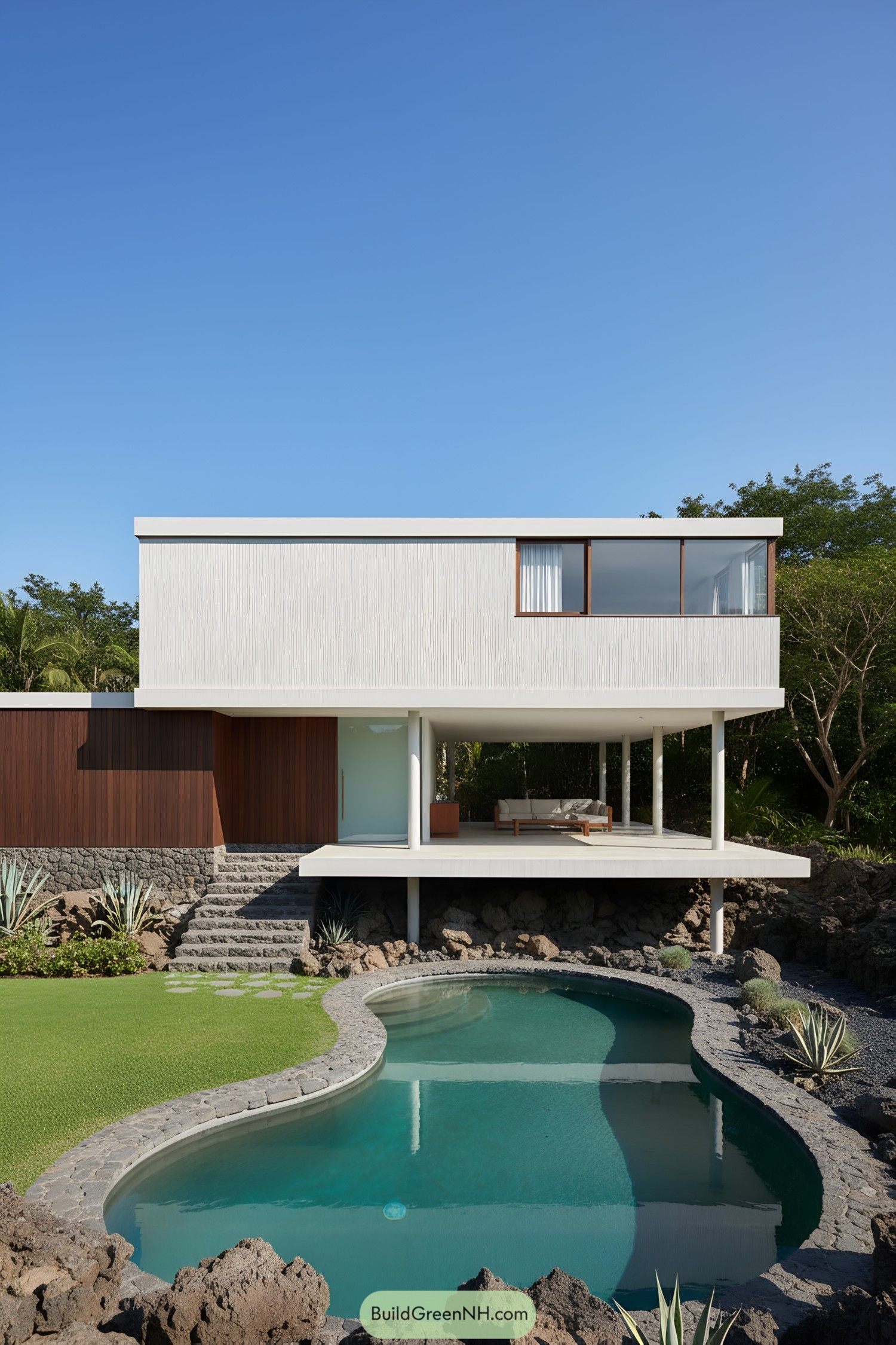 Modern house with a pool and stone landscaping