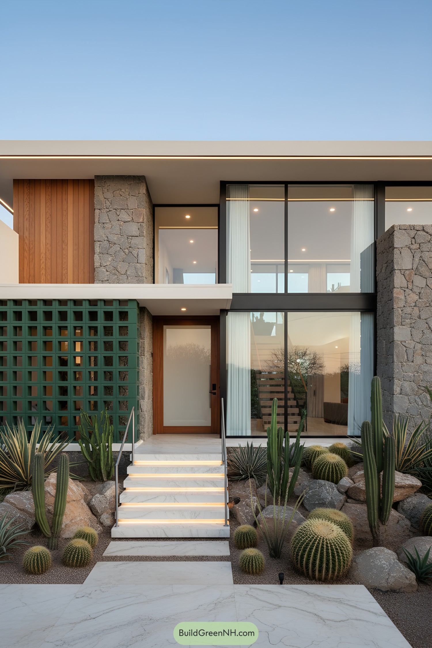 Modern house with large windows and cacti landscaping