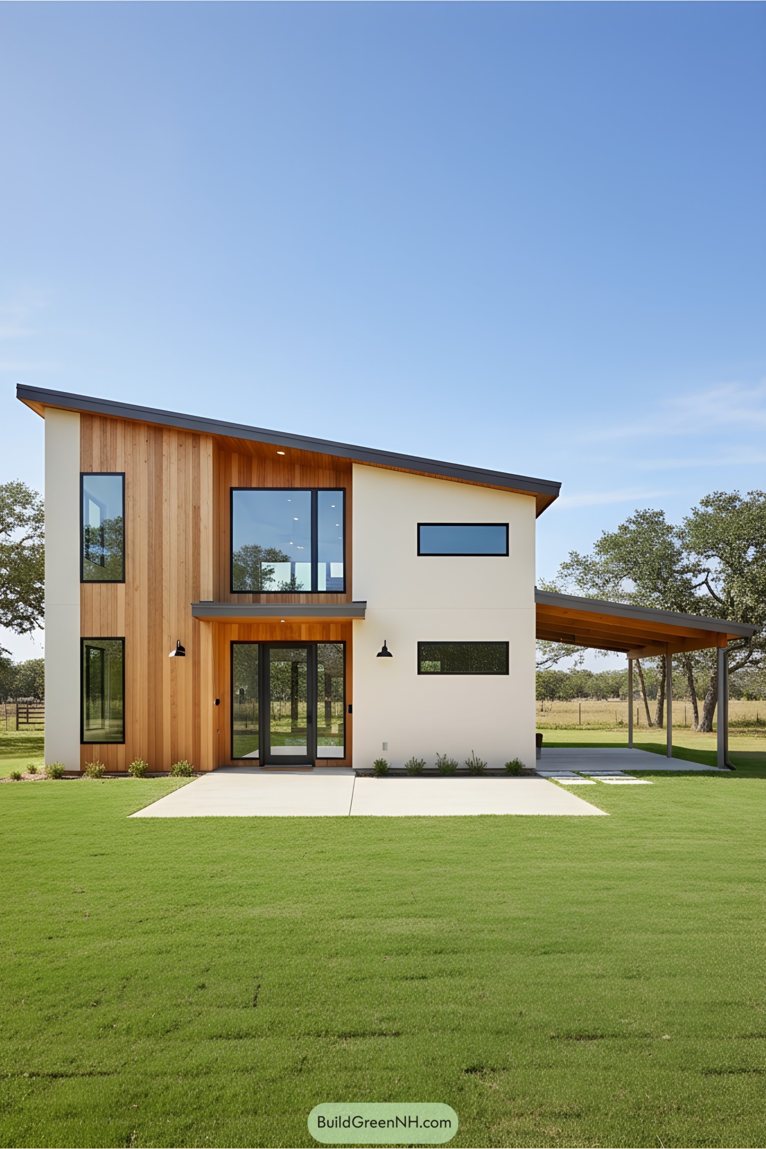 Modern barndominium with wood accents and large windows