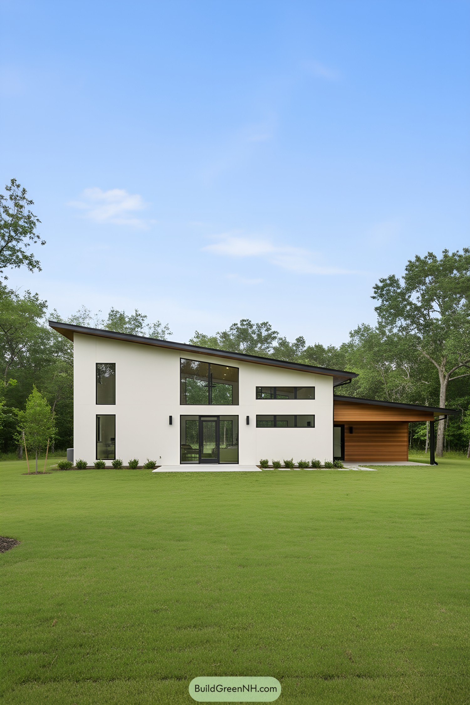 Sleek white barndominium with expansive glass windows and lush green surroundings