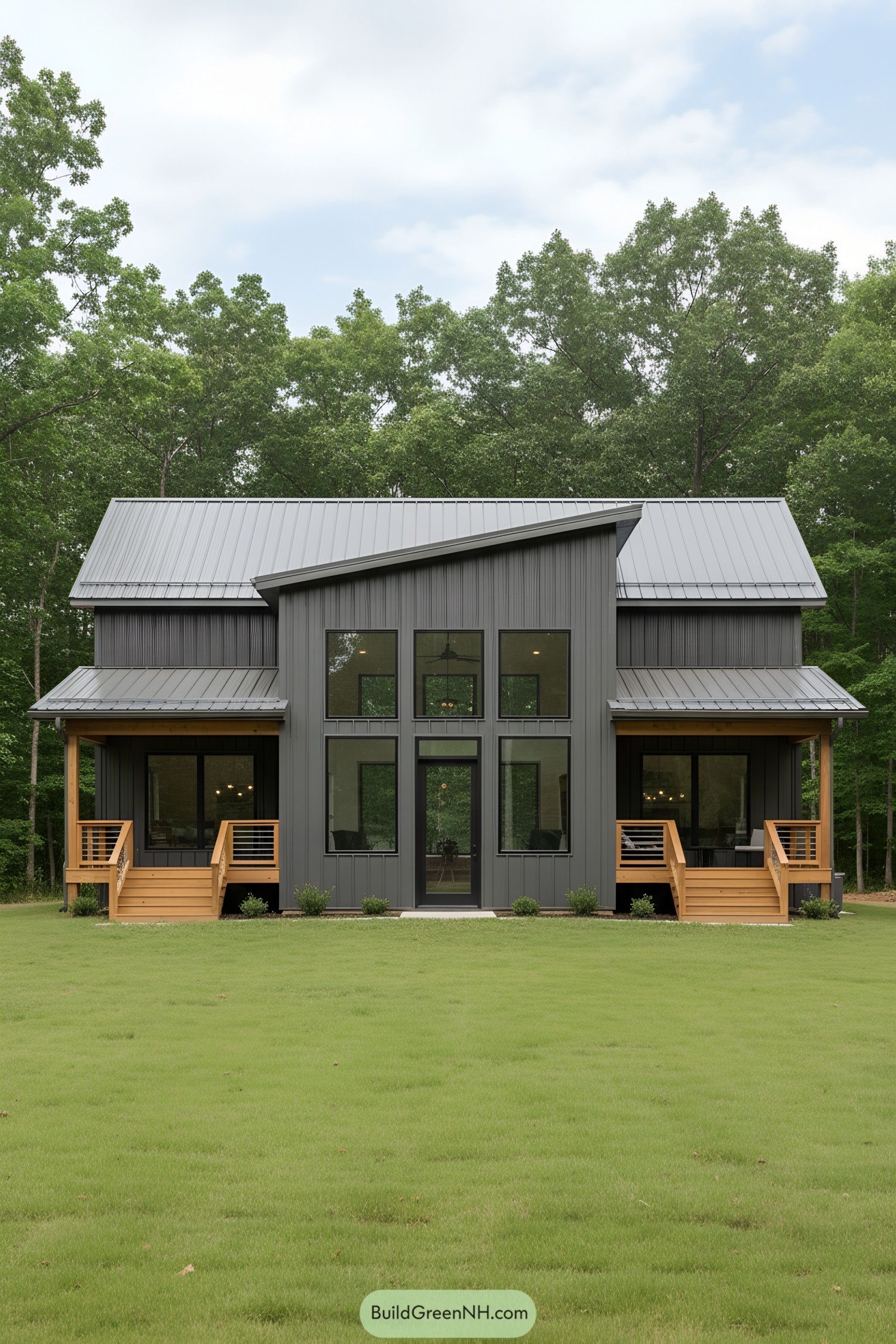 Sleek grey barndominium with large windows and wooden accents