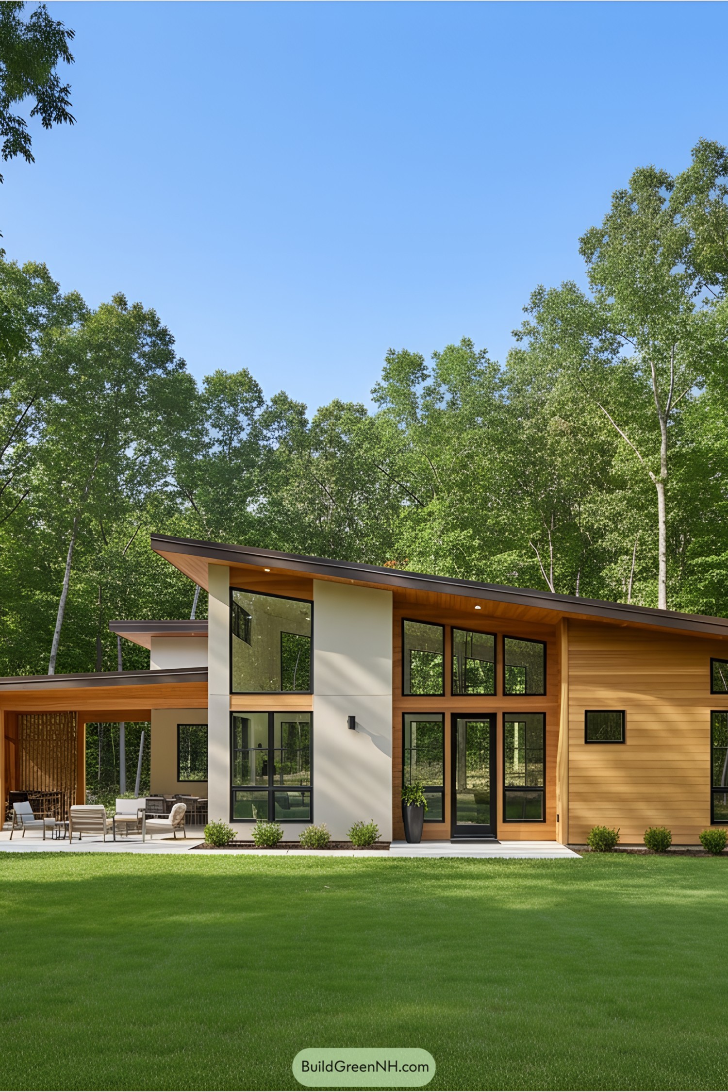Modern barndominium with large windows and sleek design