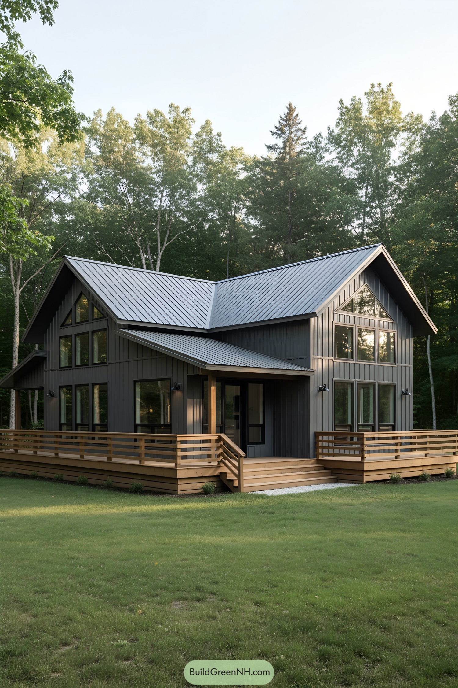 Contemporary barndominium with large windows and sleek design