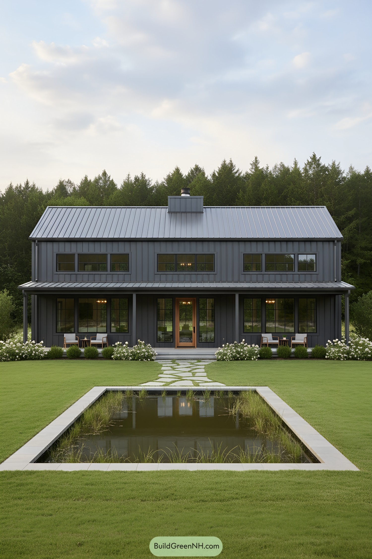 Stylish gray barndominium with lush garden and reflecting pond
