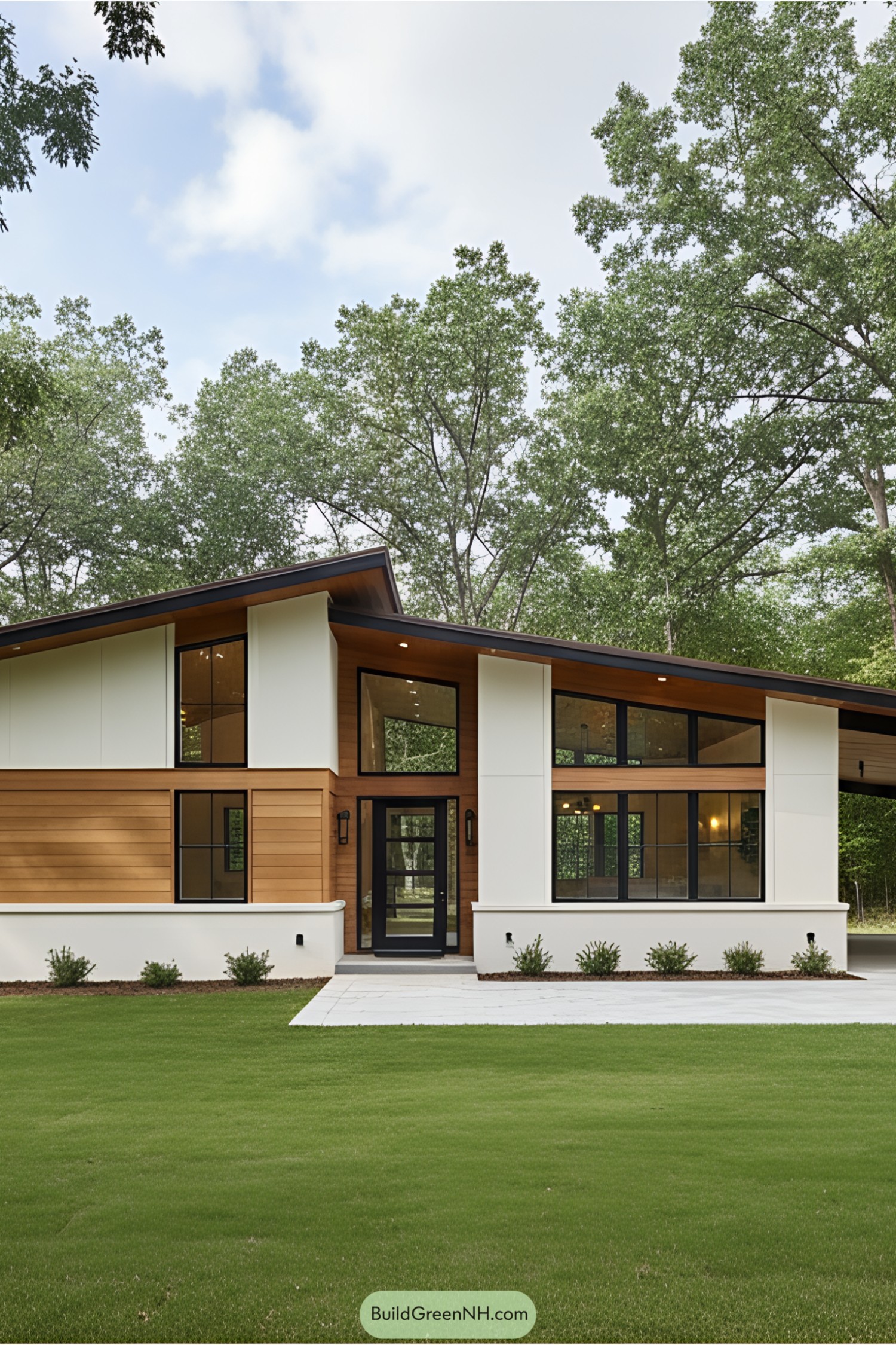 Sleek barndominium with wood accents and large windows