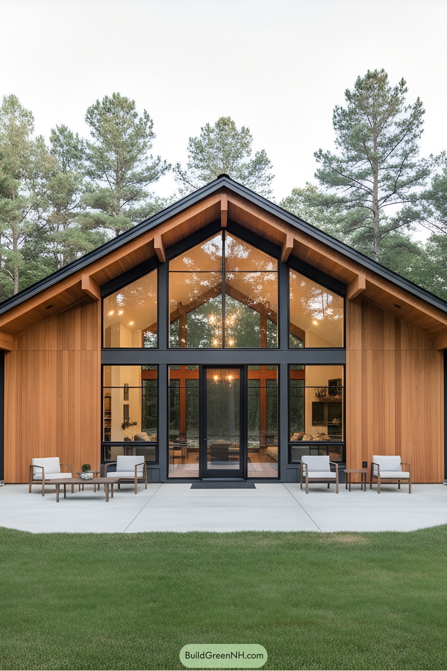 Sleek barn-style home with large windows and wooden facade