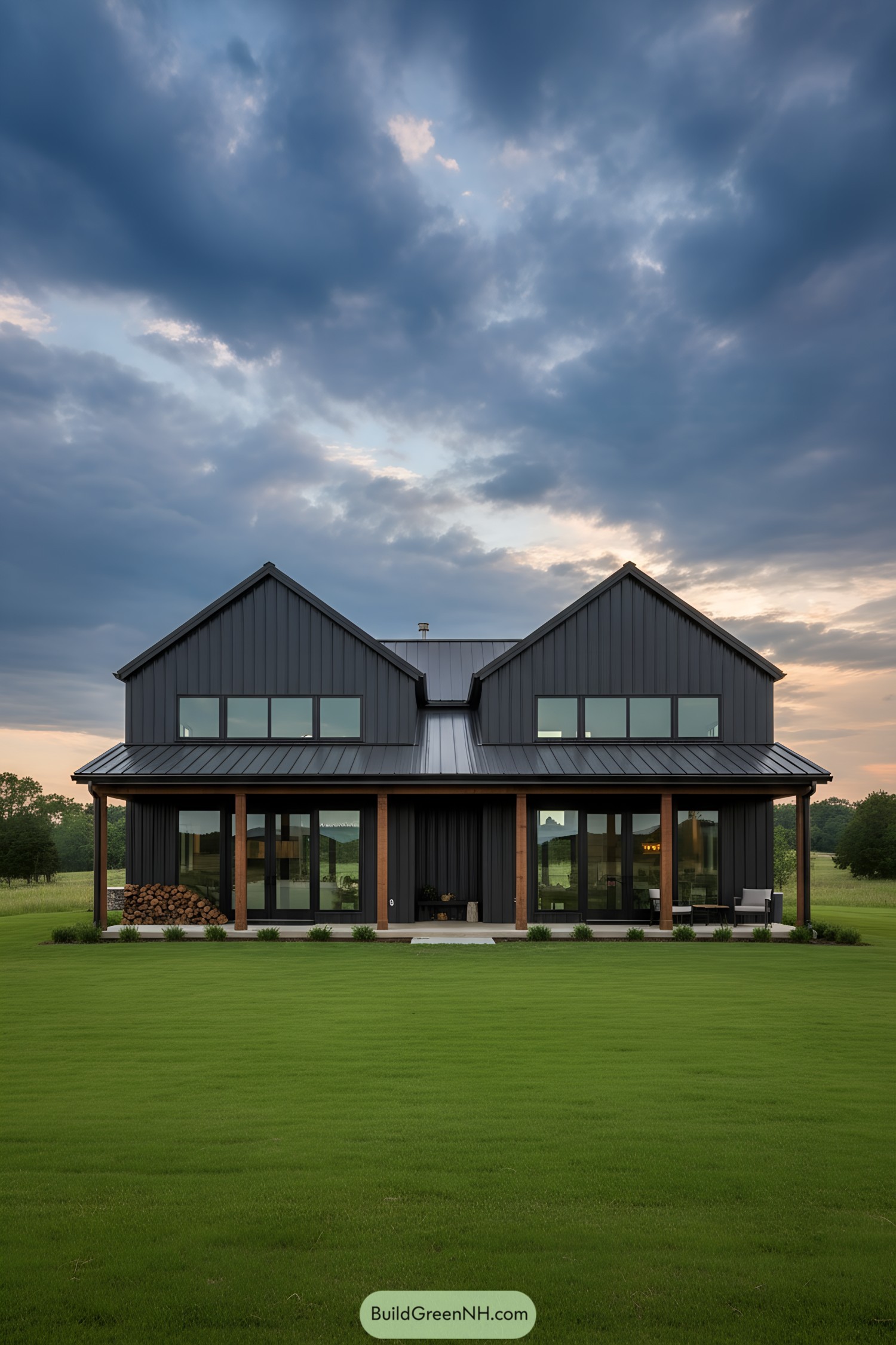 Modern black barndominium with large windows