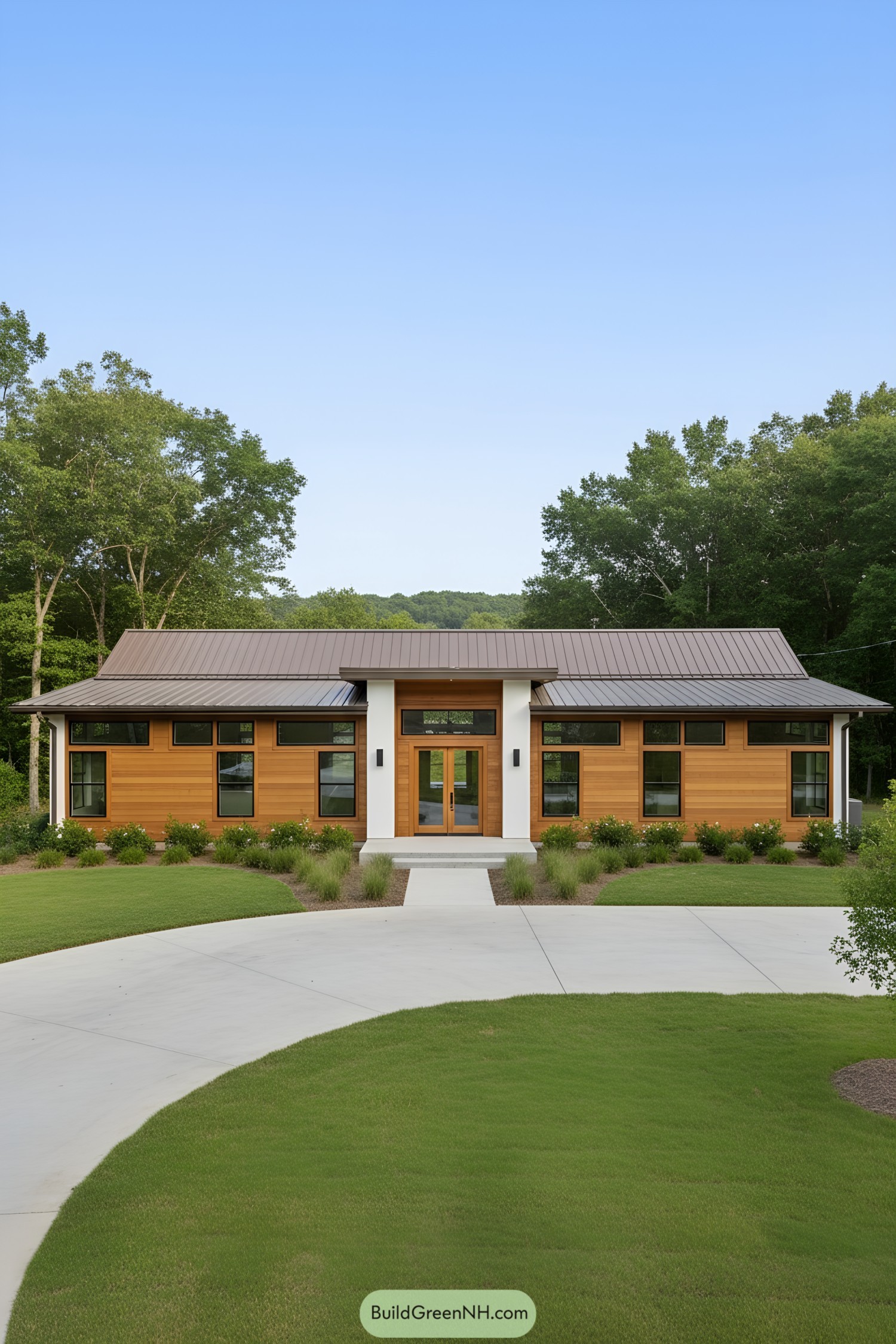 Modern barndominium with sleek wooden exterior and lush surroundings