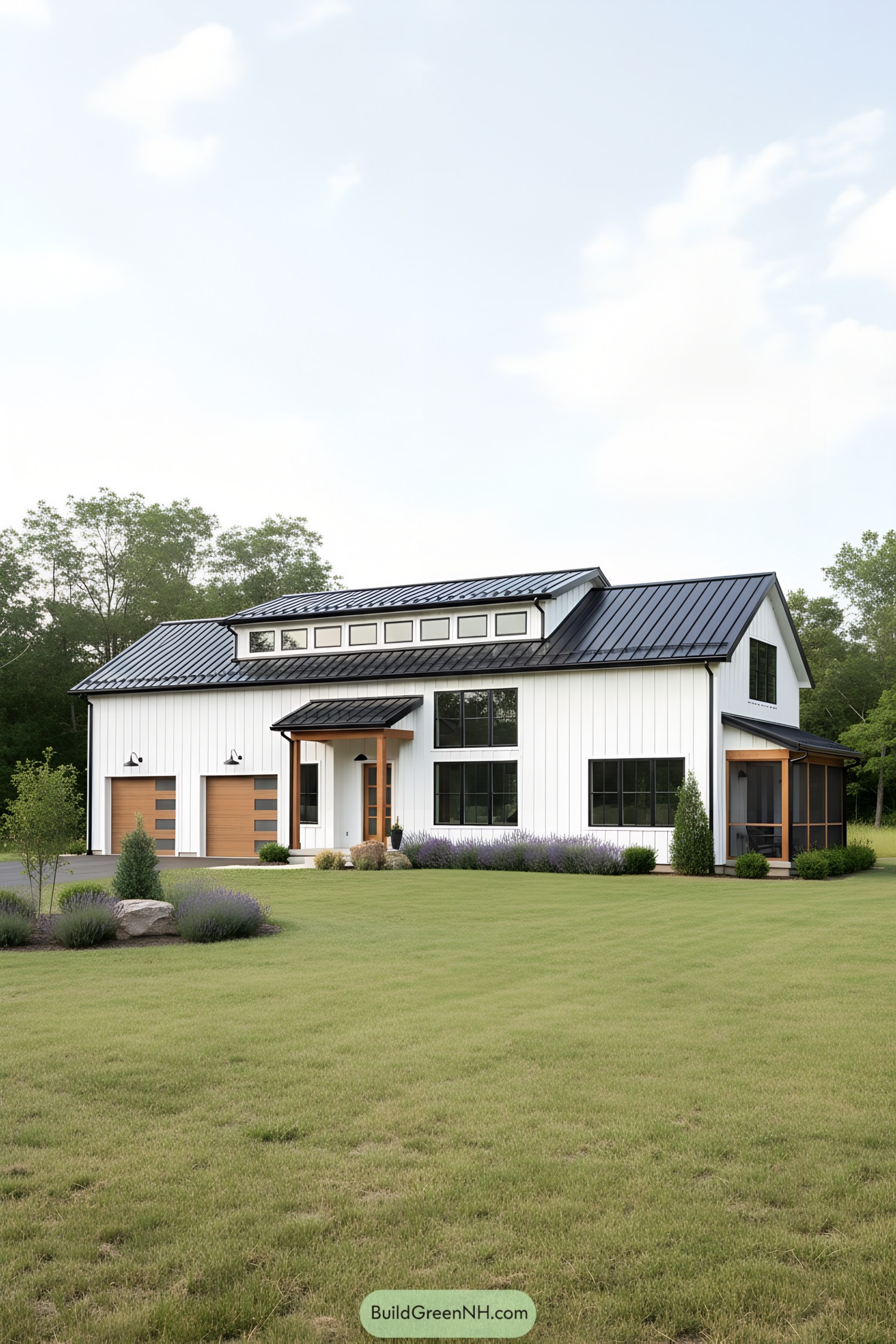 Chic white barn with modern accents and lush green surroundings