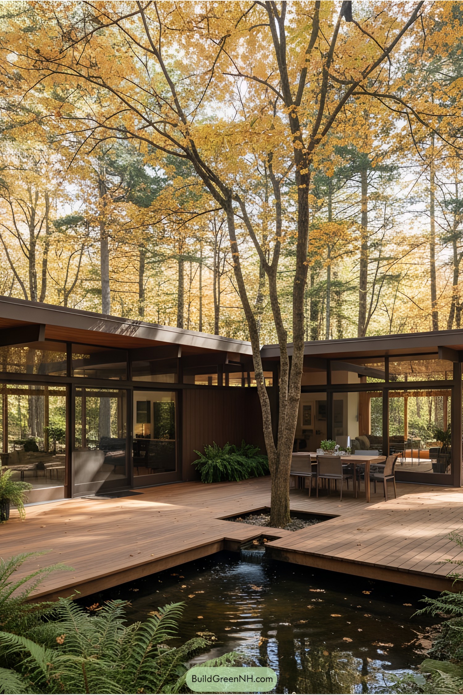 Mid century modern bungalow surrounded by autumn trees with a wooden deck and pond