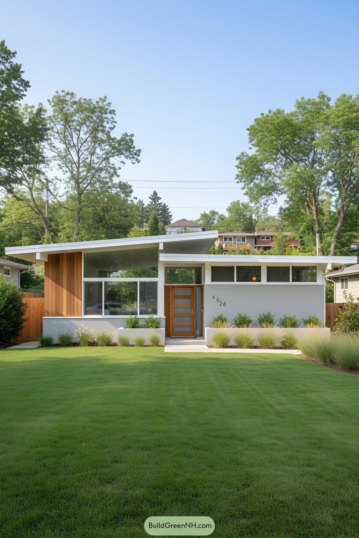Small mid-century modern house with a wooden facade and lush green lawn