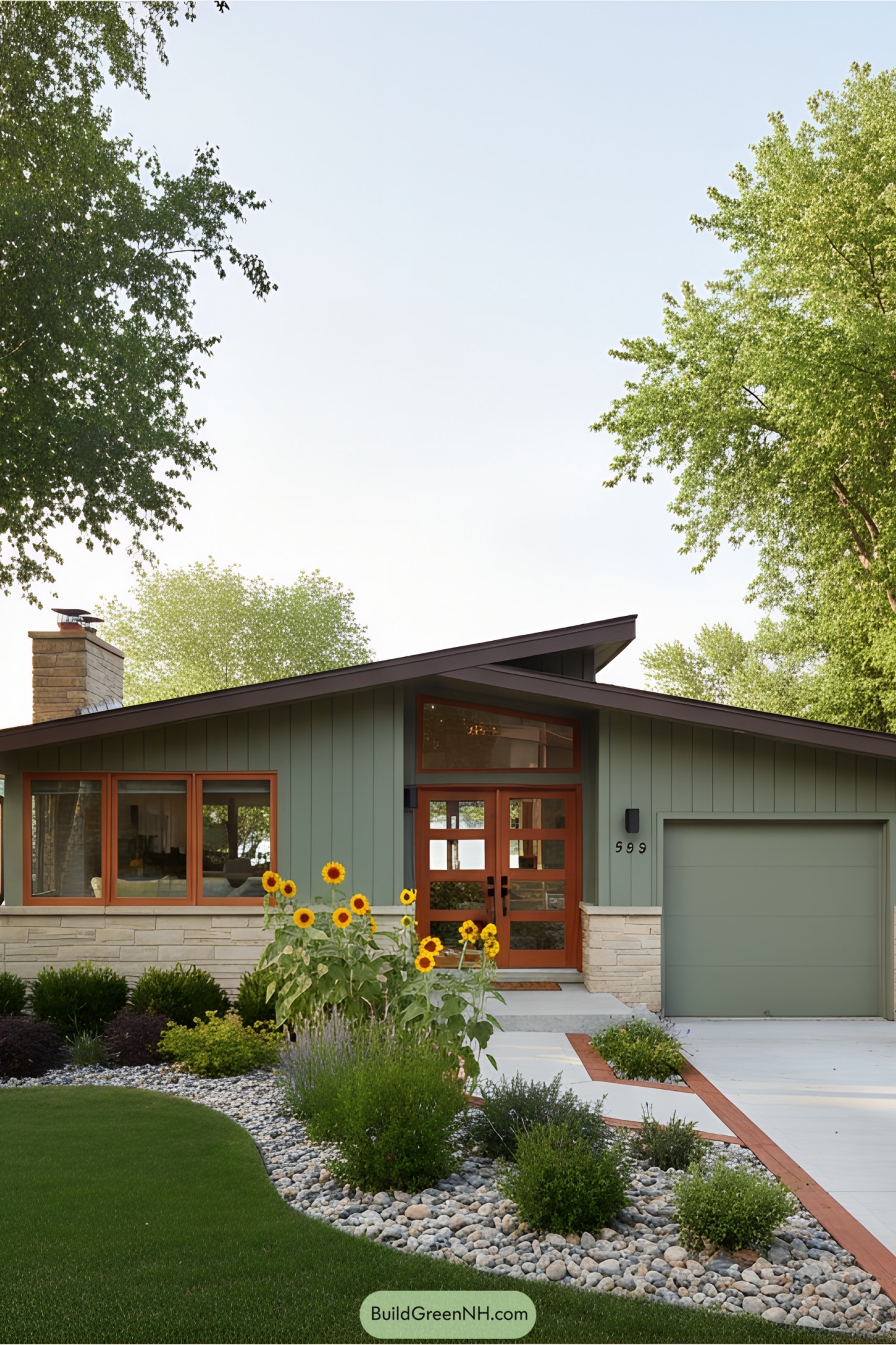 Charming mid-century modern bungalow with sunflowers in front