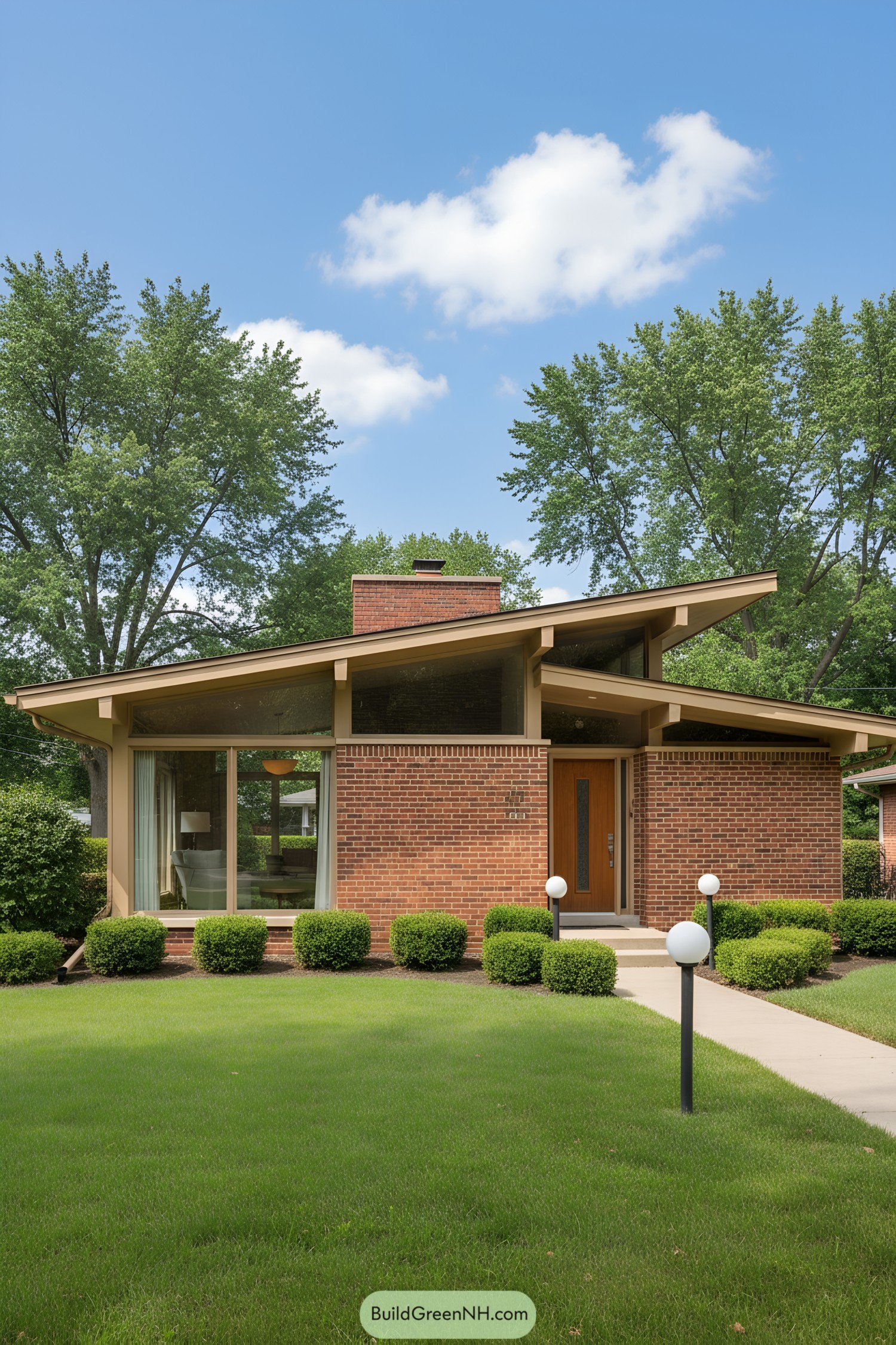 Mid-century modern bungalow with sloped roof and large windows