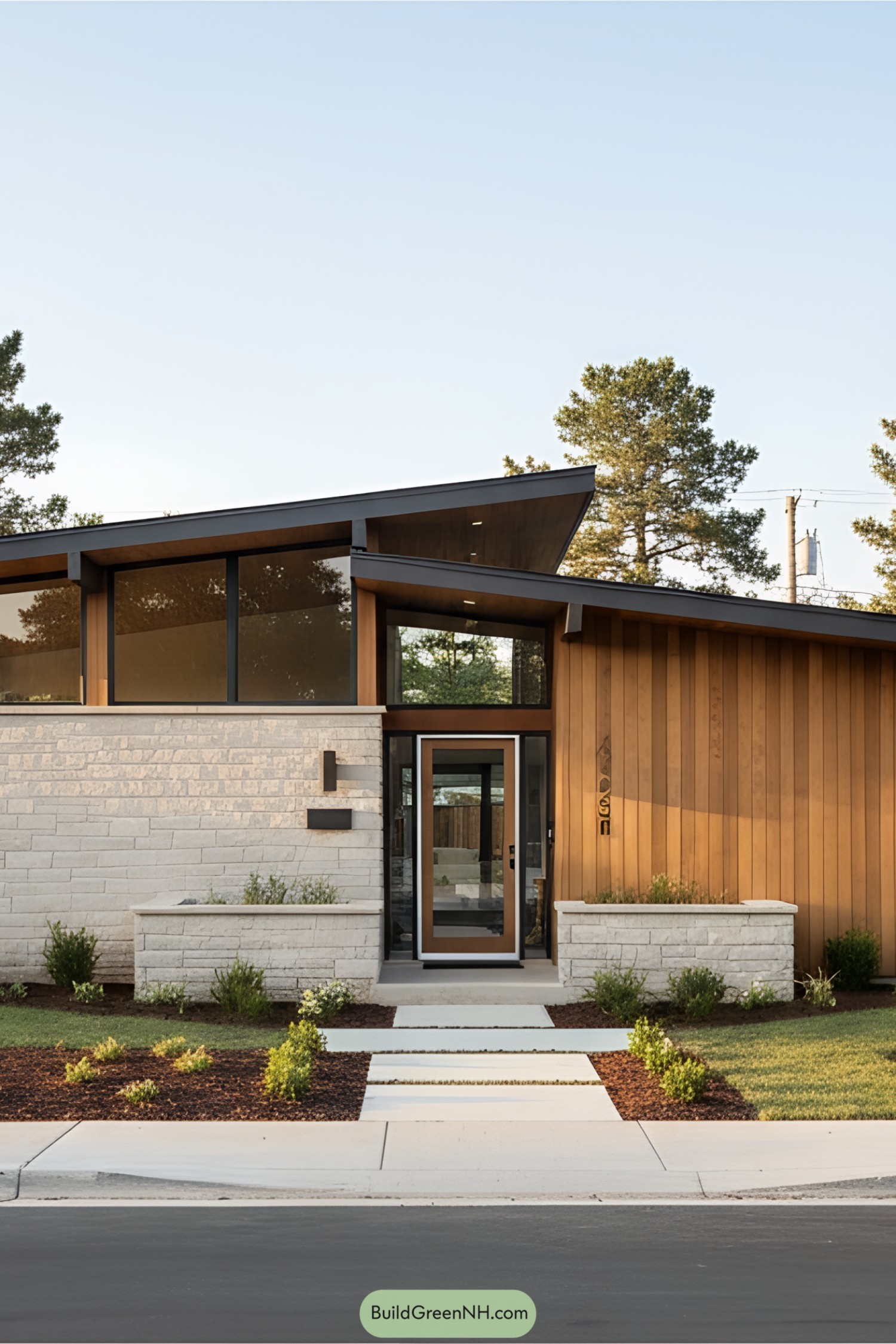 Mid century modern bungalow with stone and wood facade