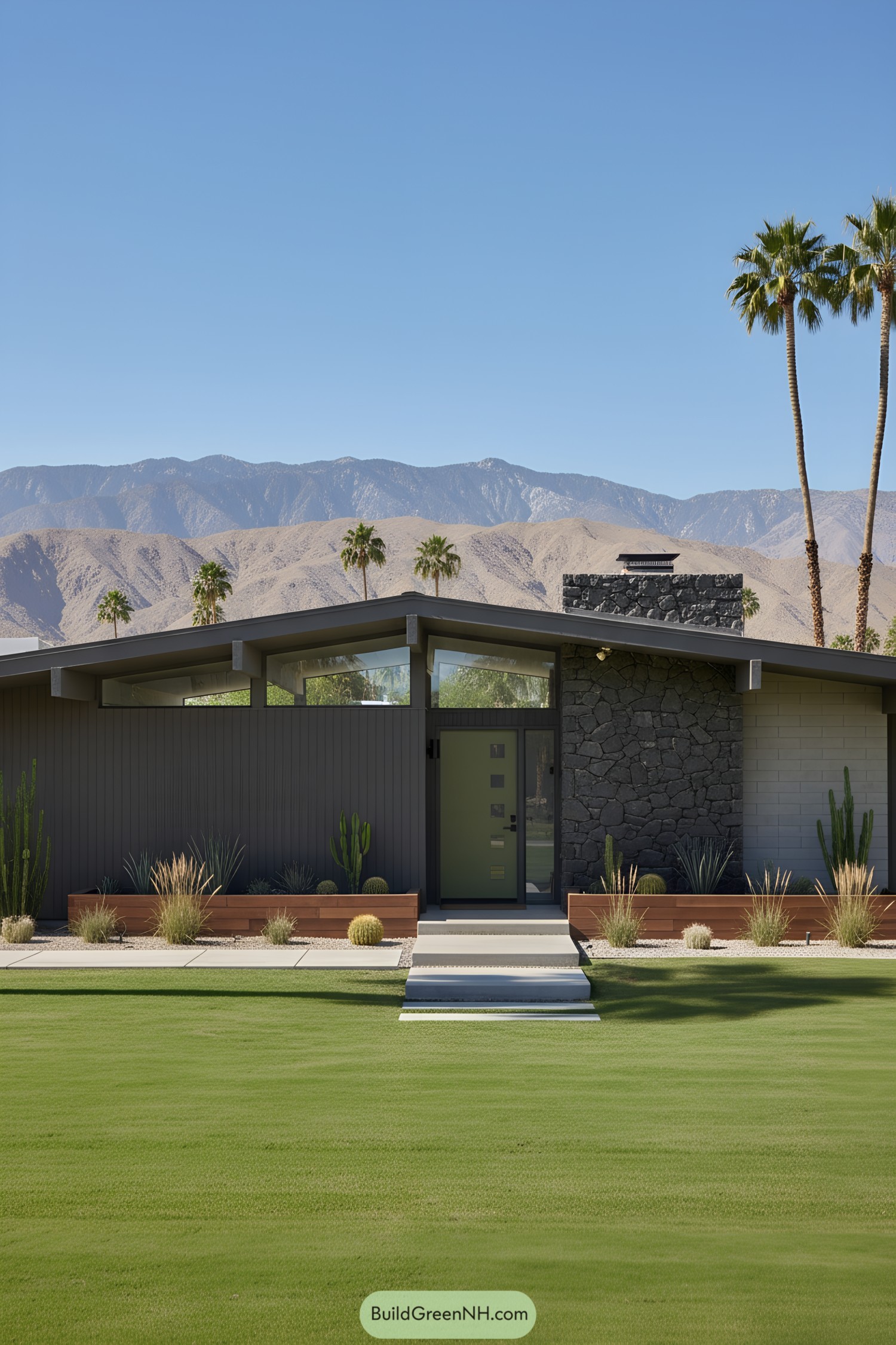Stylish mid-century bungalow with stone accents