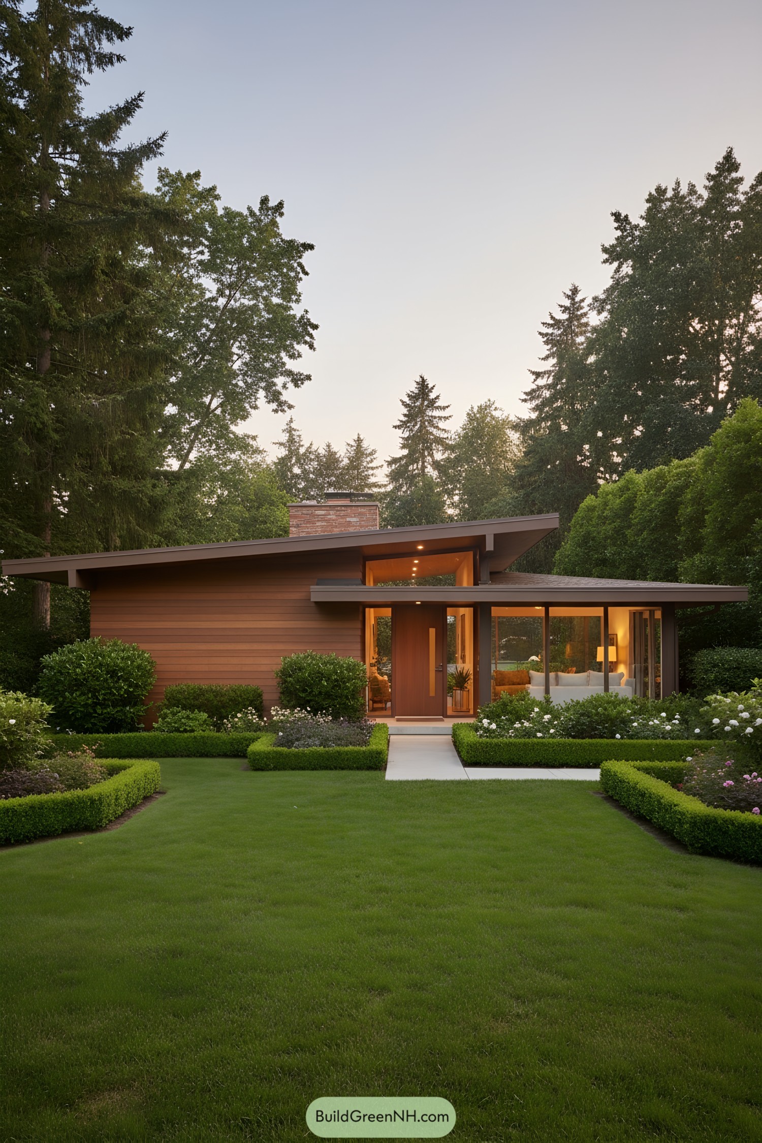 Stylish mid-century house surrounded by lush greenery