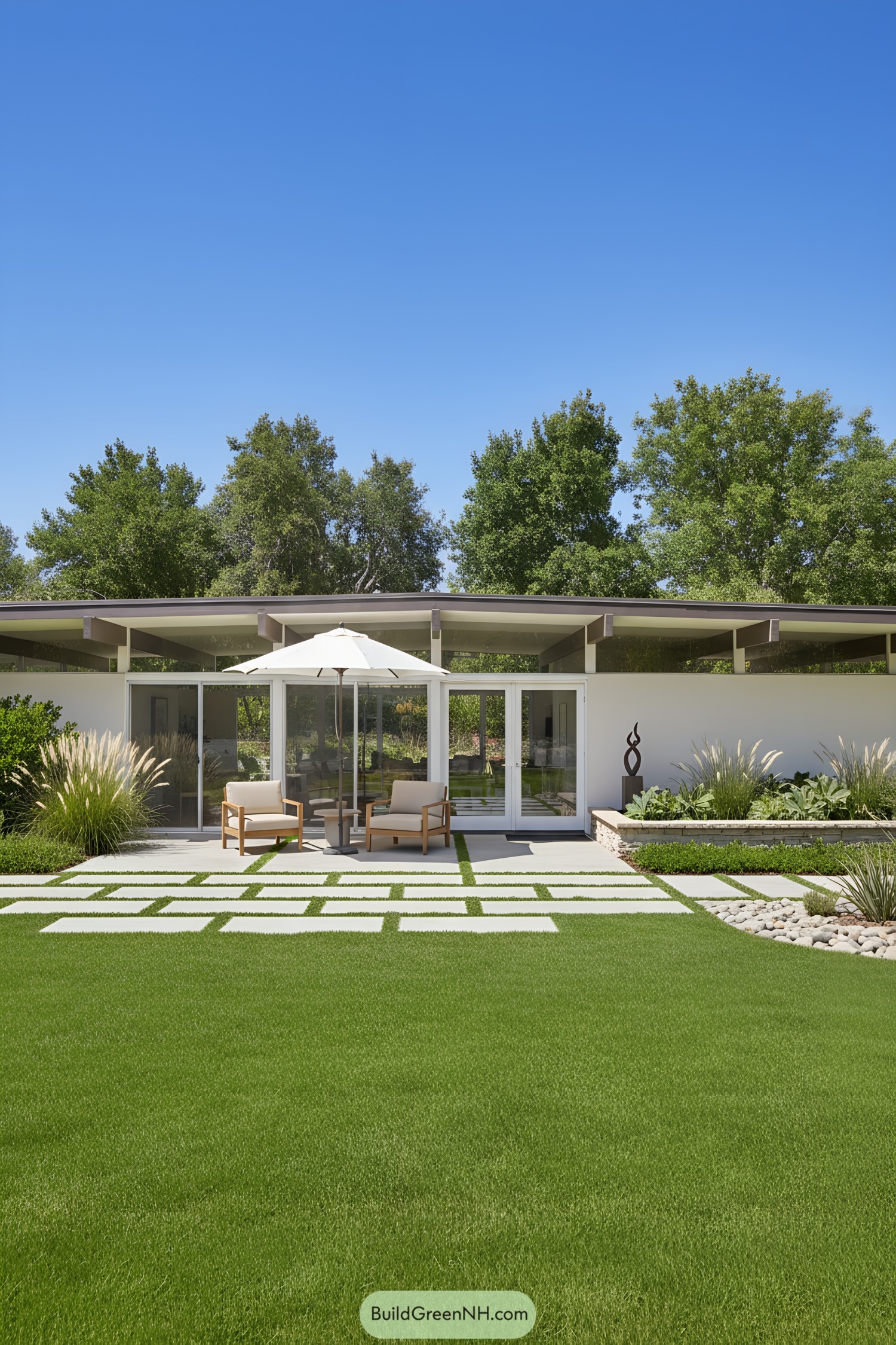 Chic bungalow with glass doors and lush greenery