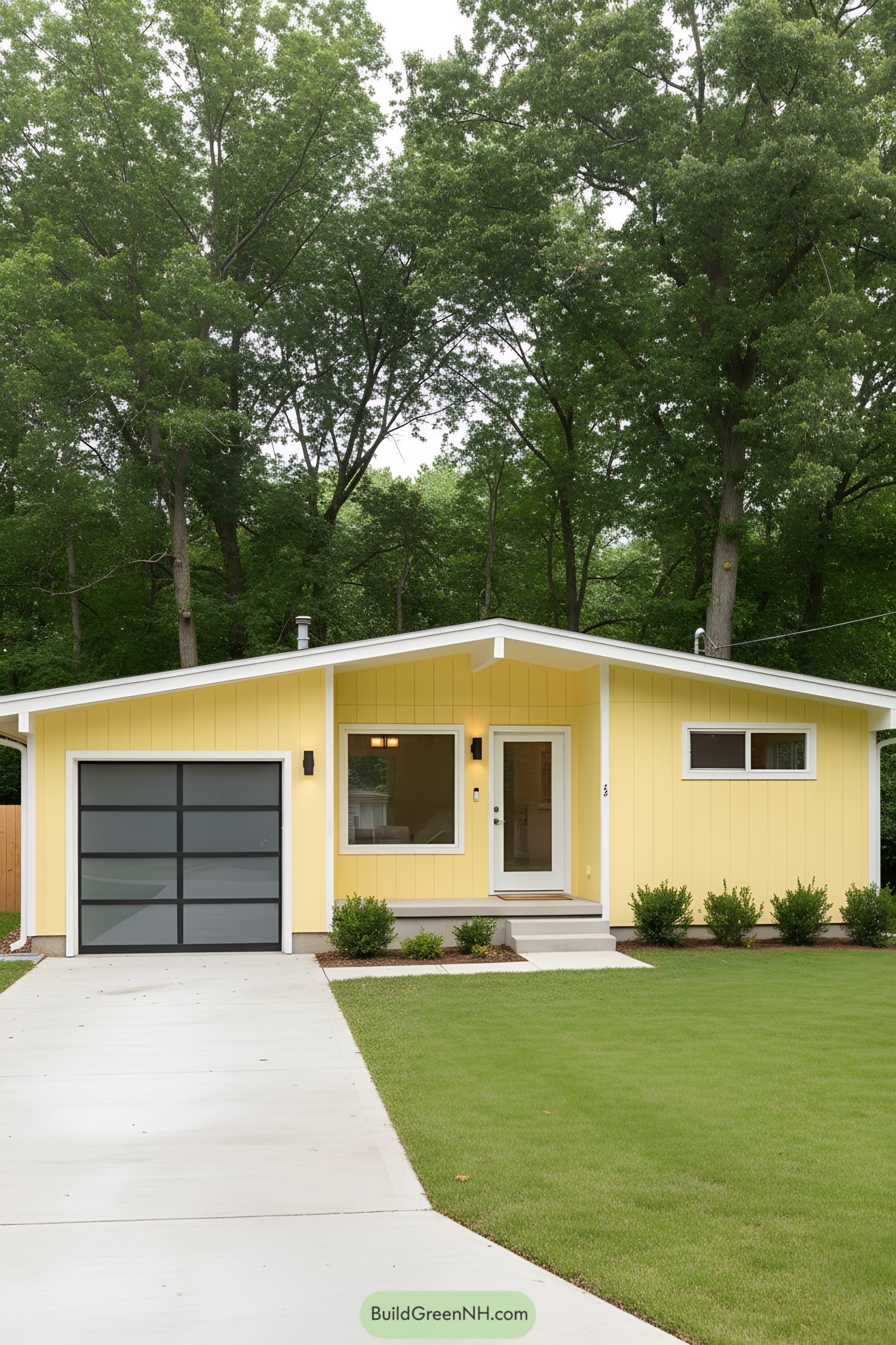 Bright yellow mid-century modern bungalow with garage and lush lawn