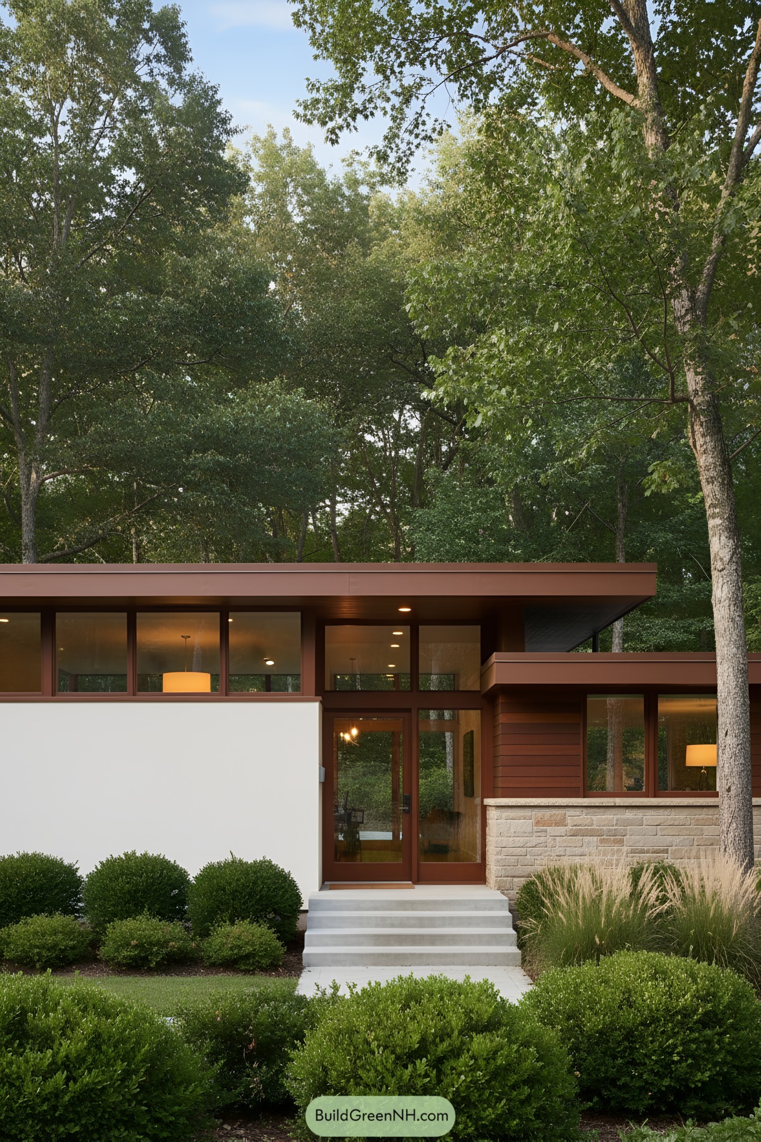 Mid-century modern bungalow surrounded by lush trees