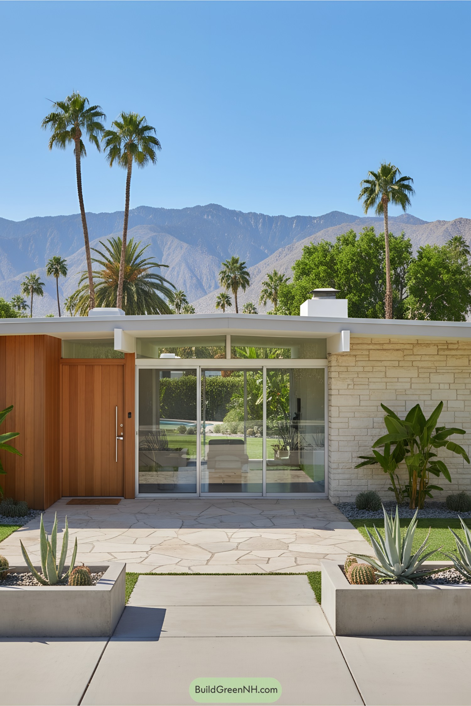 Bungalow with mountain backdrop and sleek design