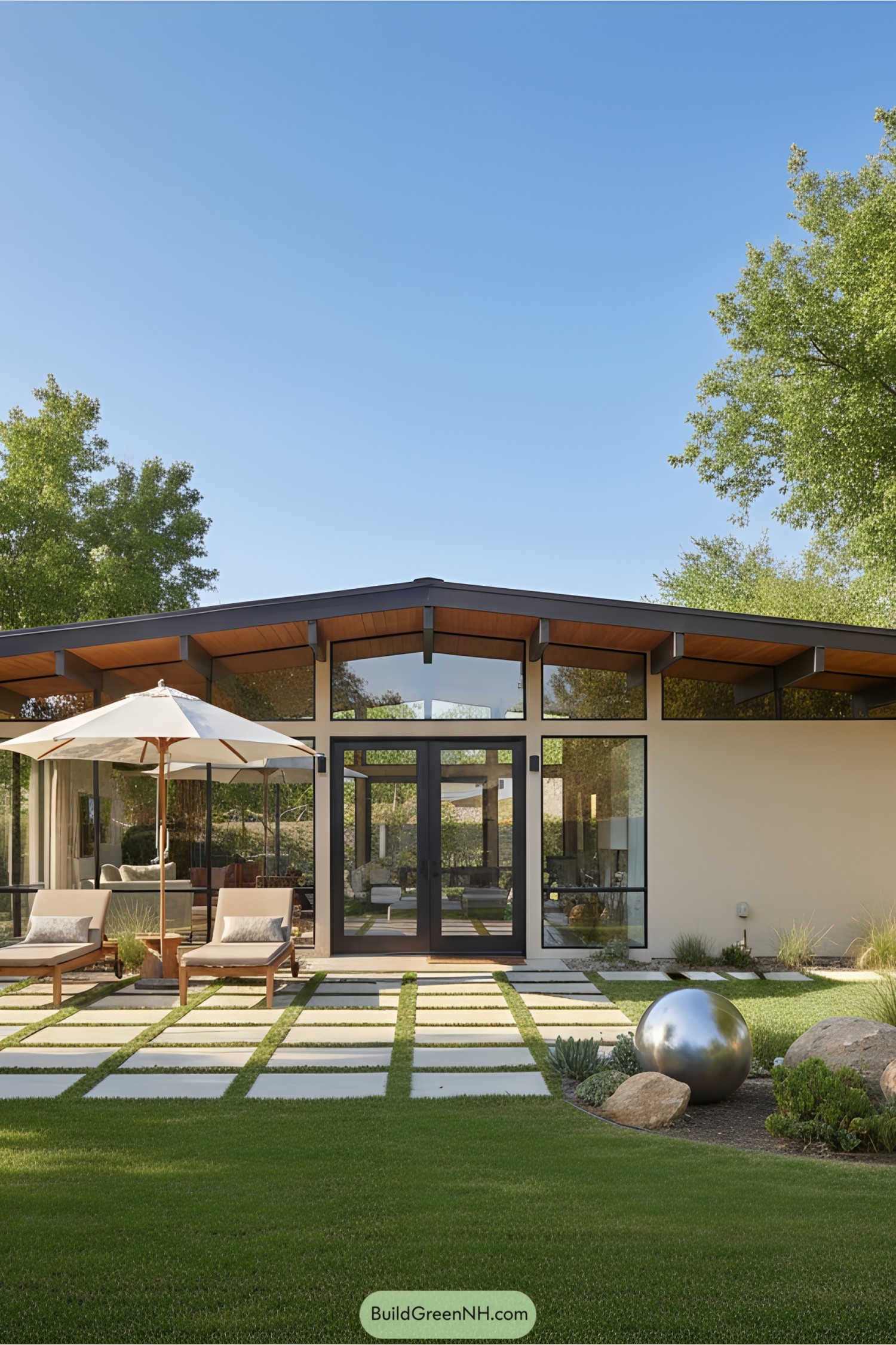 Mid-century modern house with large windows and patio