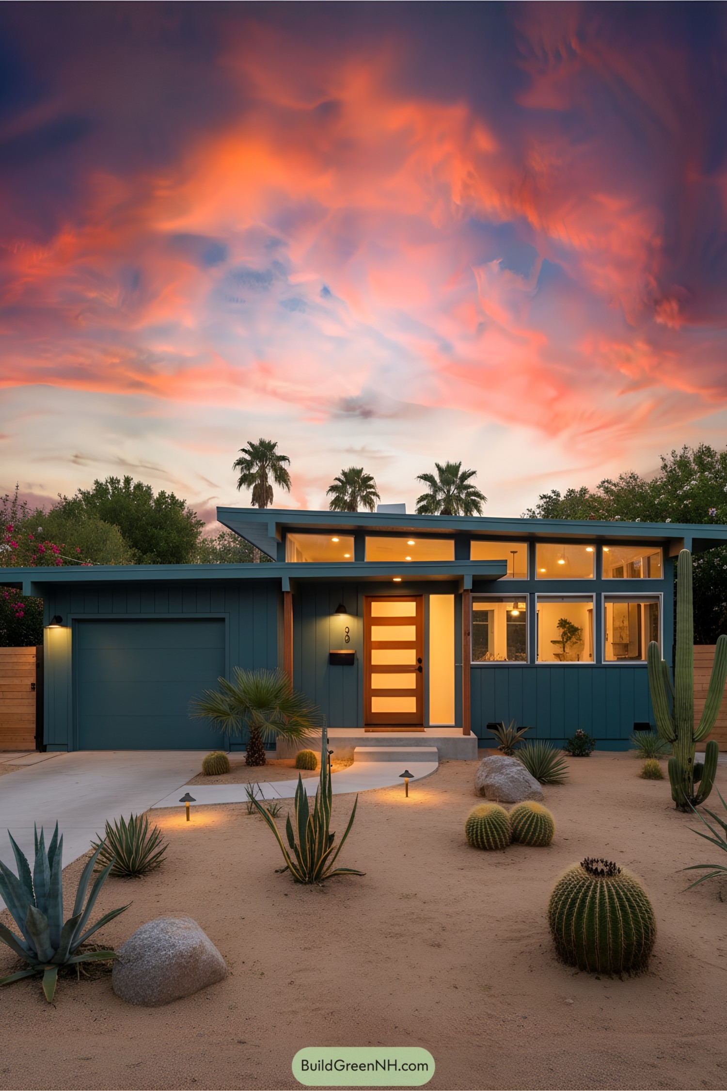Charming mid-century modern bungalow at sunset