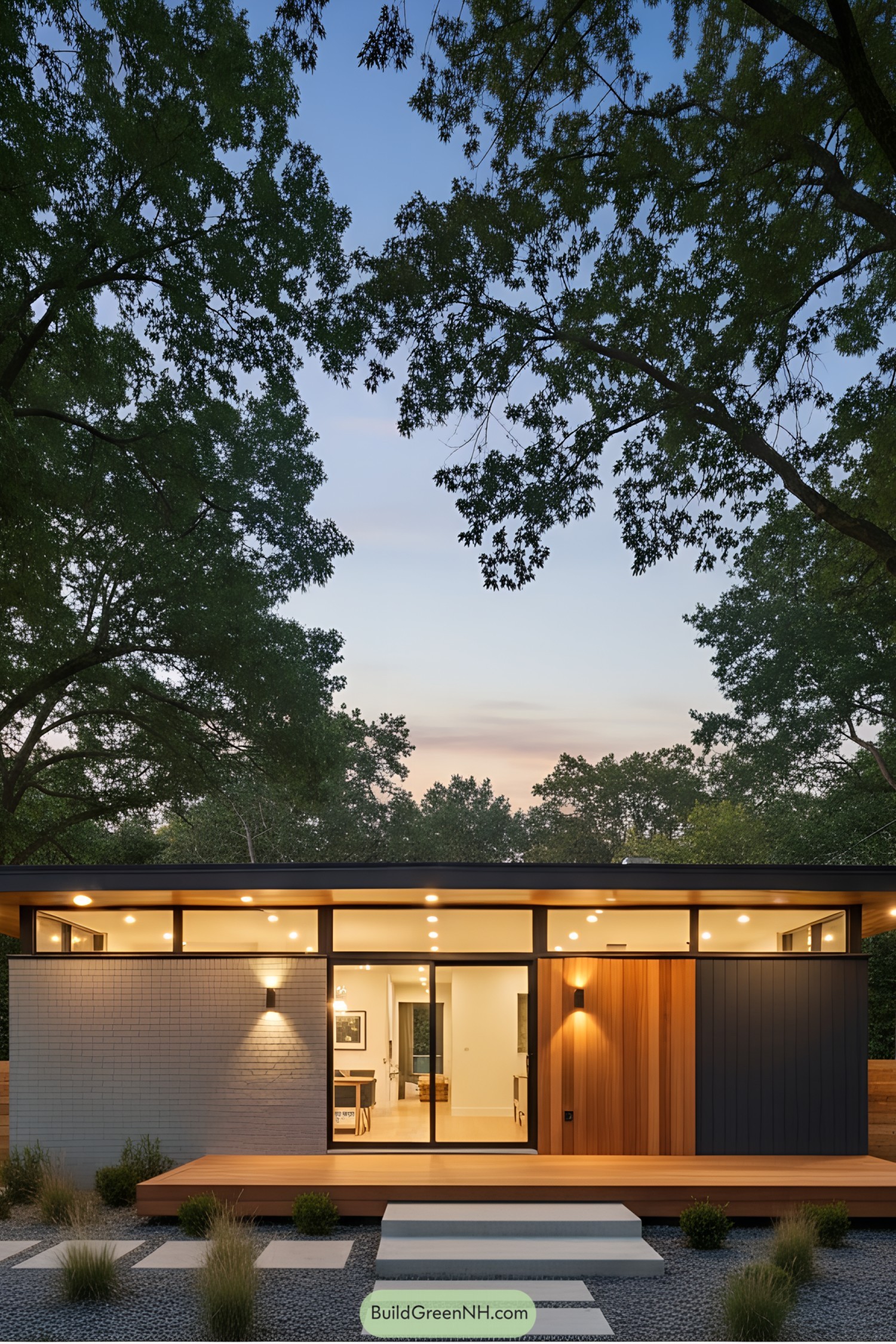 Modern bungalow with large windows and warm lighting