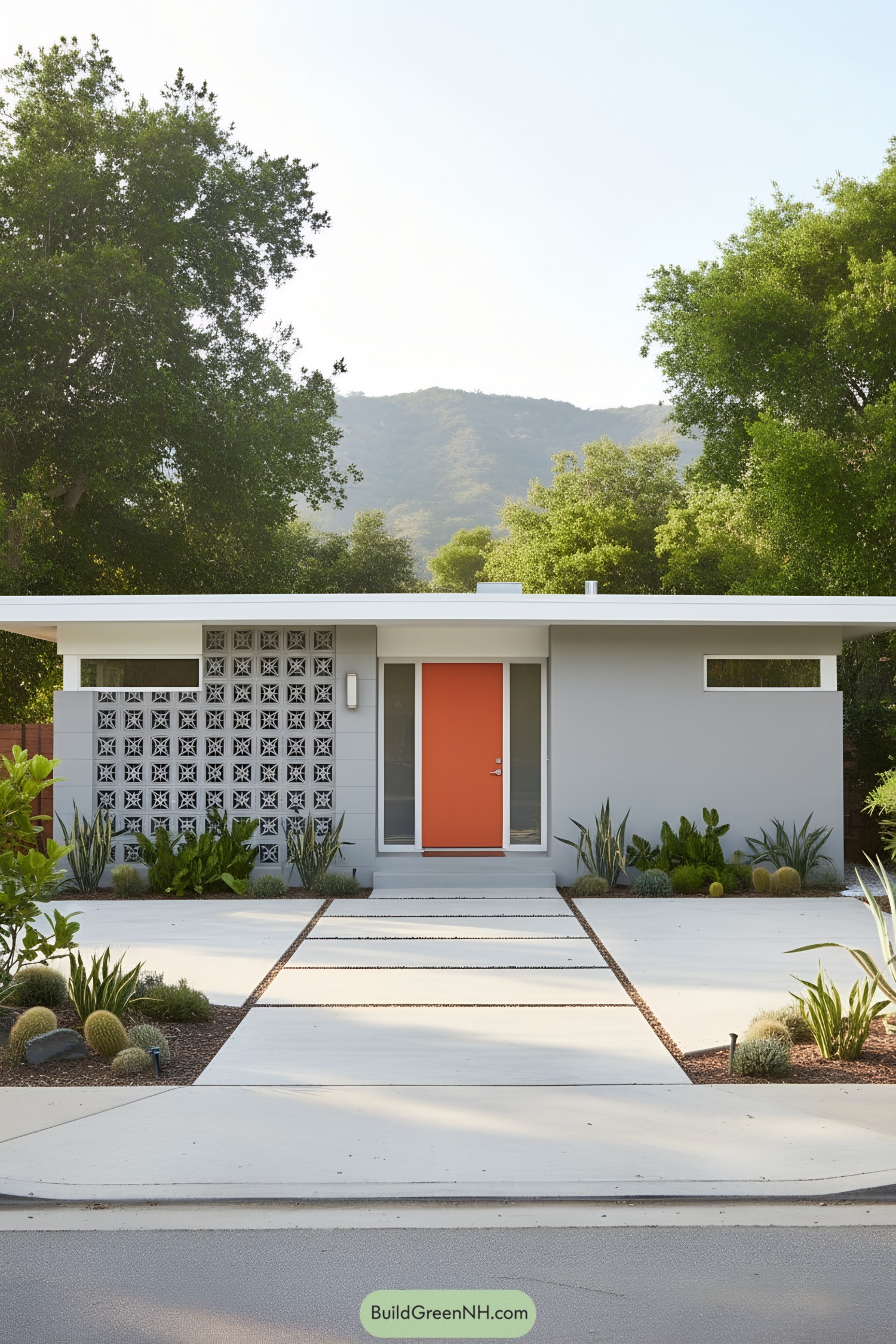 Mid-century bungalow with vibrant orange door and lush garden