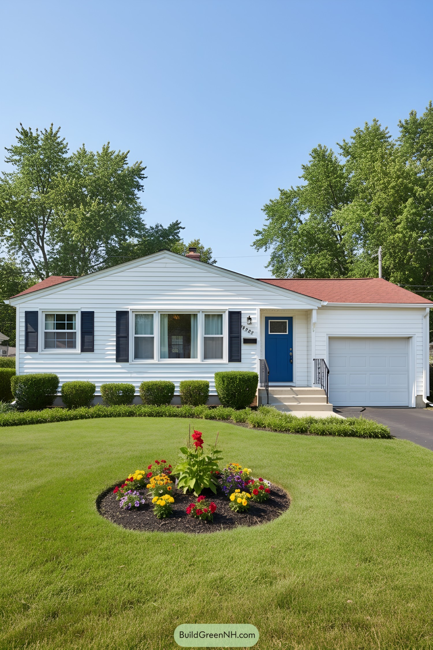 White bungalow with a vivid blue door and manicured lawn