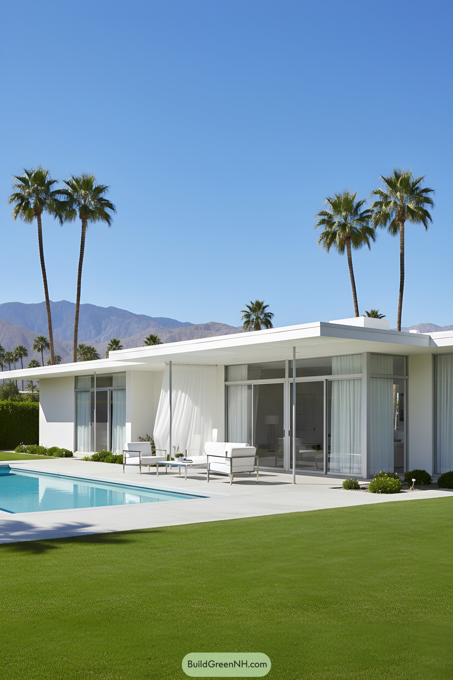Modern bungalow with white exterior and glass doors